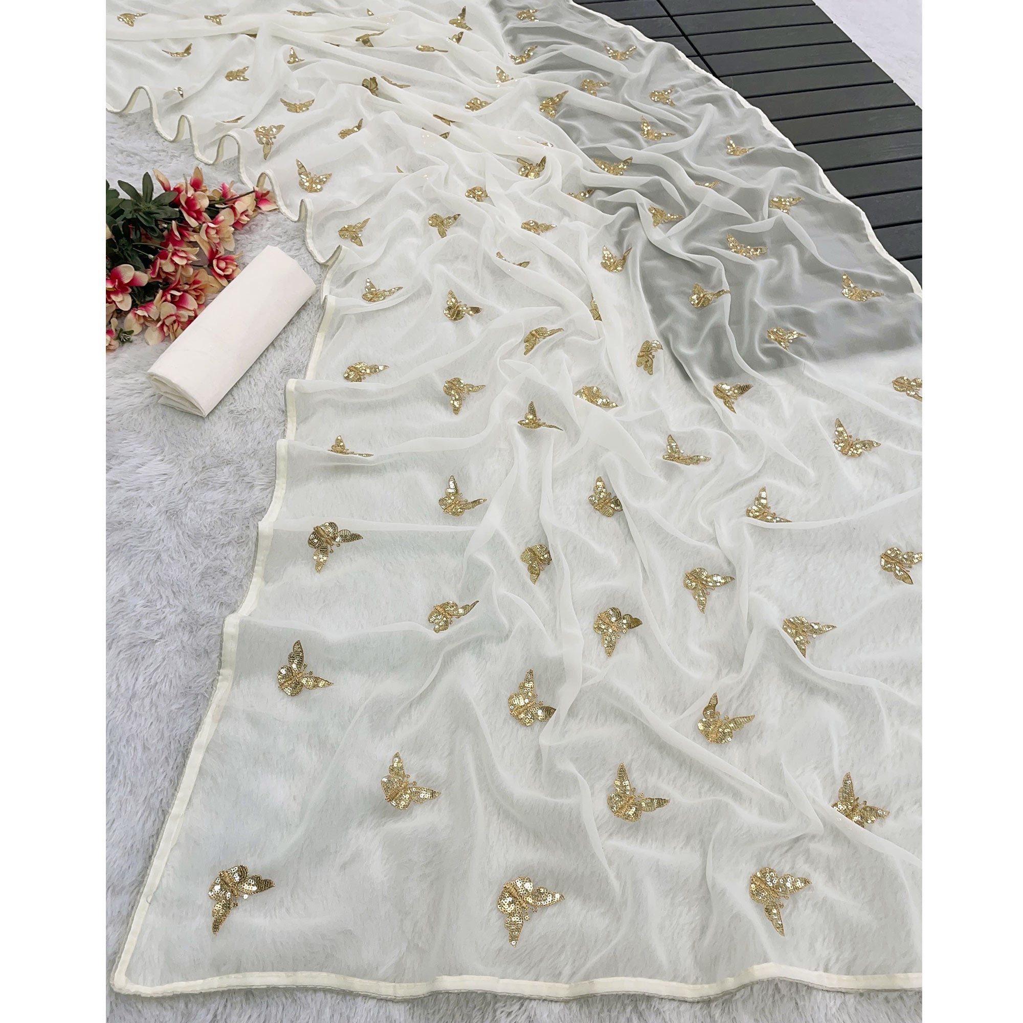 Offwhite Embroidered Georgette Saree With Shimmering Butterfly Sequin Work