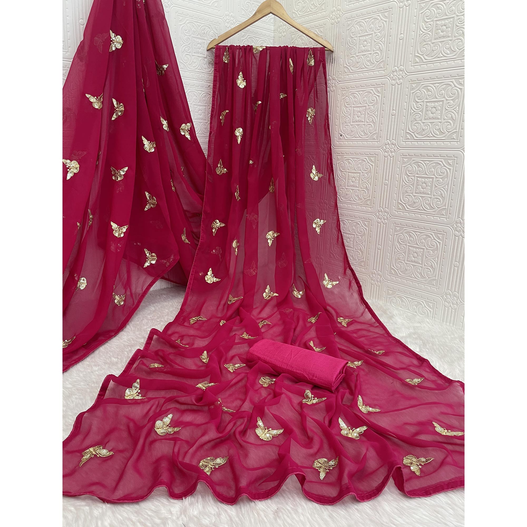 Pink Embroidered Georgette Saree With Shimmering Butterfly Sequin Work