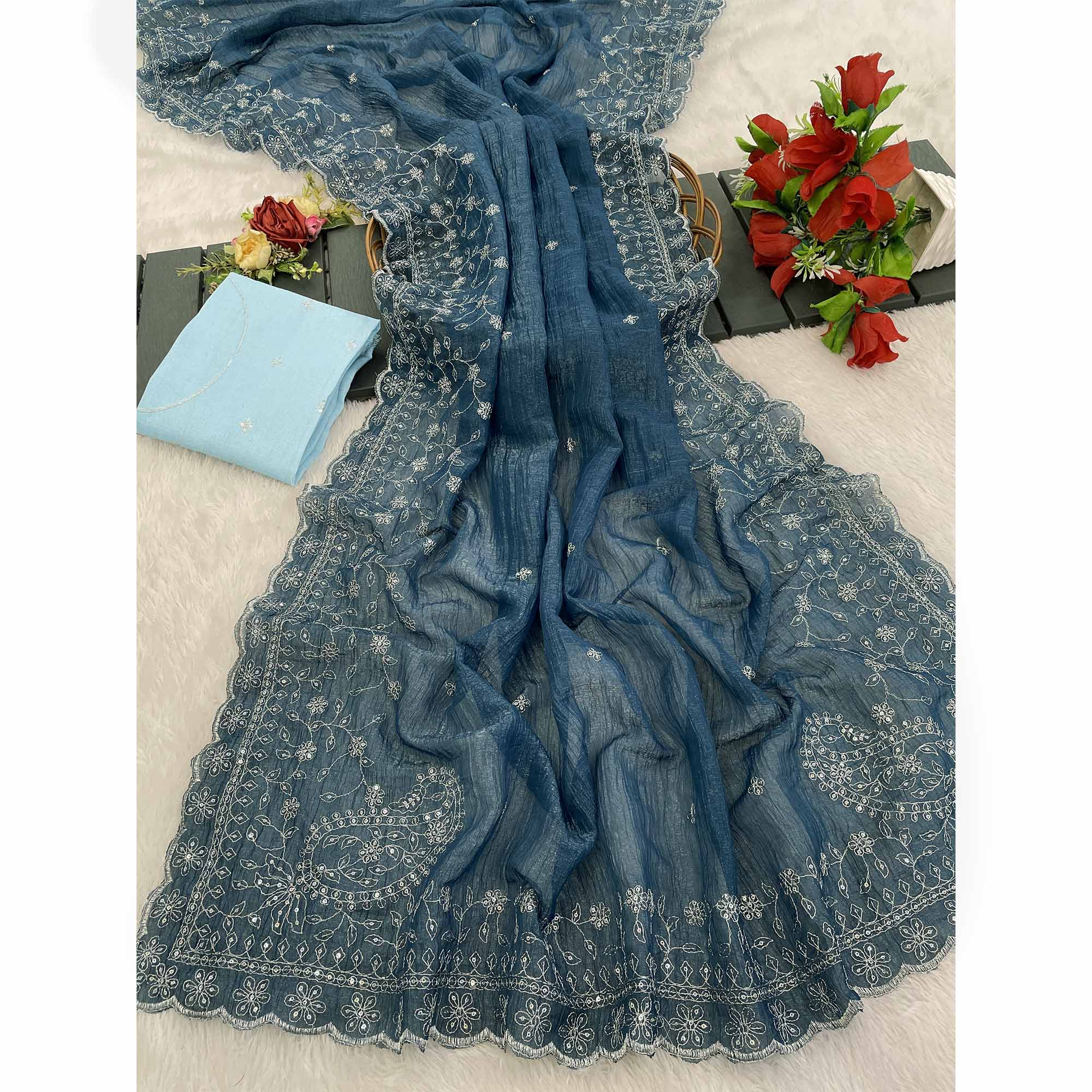 Dusty Blue Silk Blend Crush Saree Adorned With Floral Thread Embroidery & Sequins