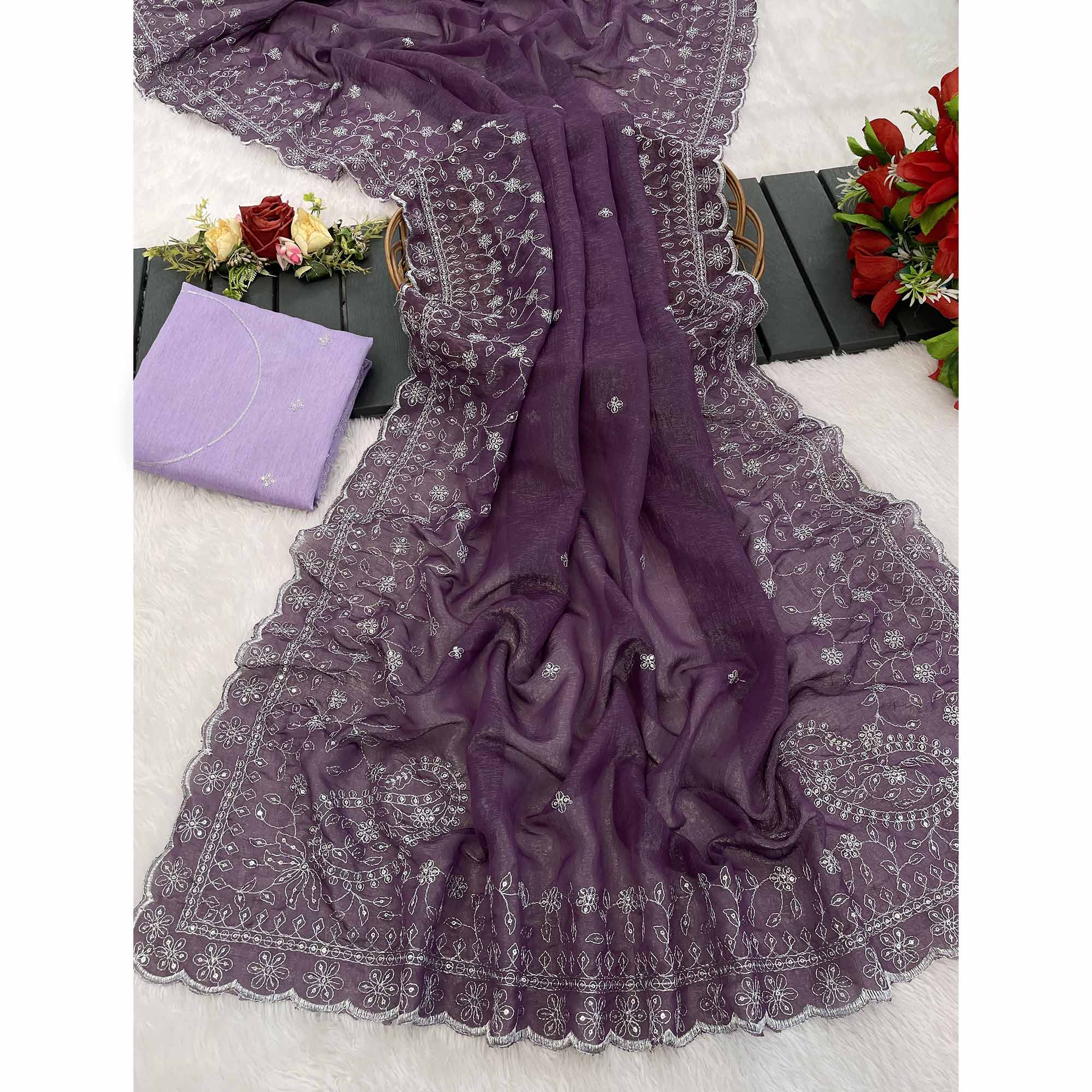 Dusty Lavender  Silk Blend Crush Saree Adorned With Floral Thread Embroidery & Sequins