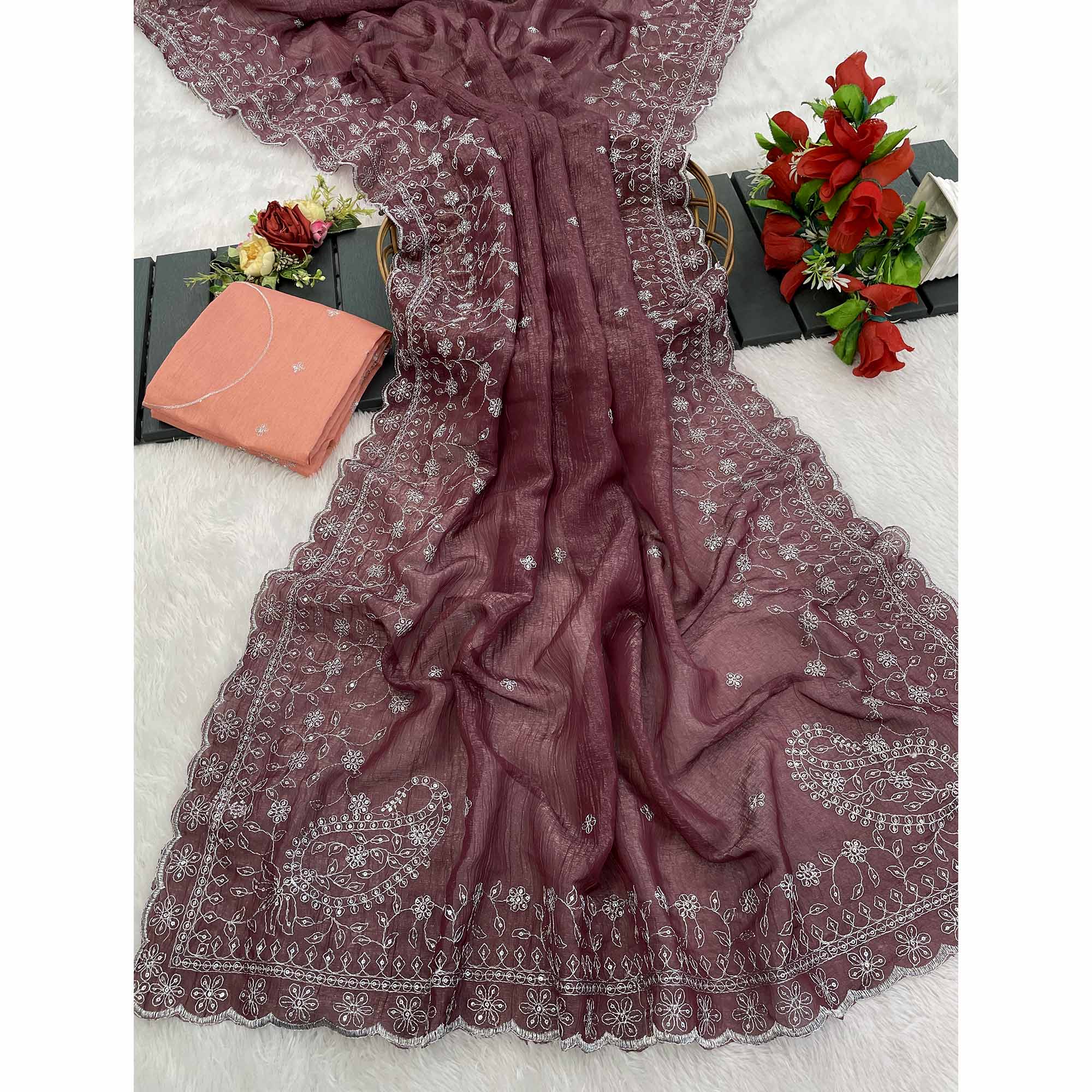 Dusty Maroon Silk Blend Crush Saree Adorned With Floral Thread Embroidery & Sequins