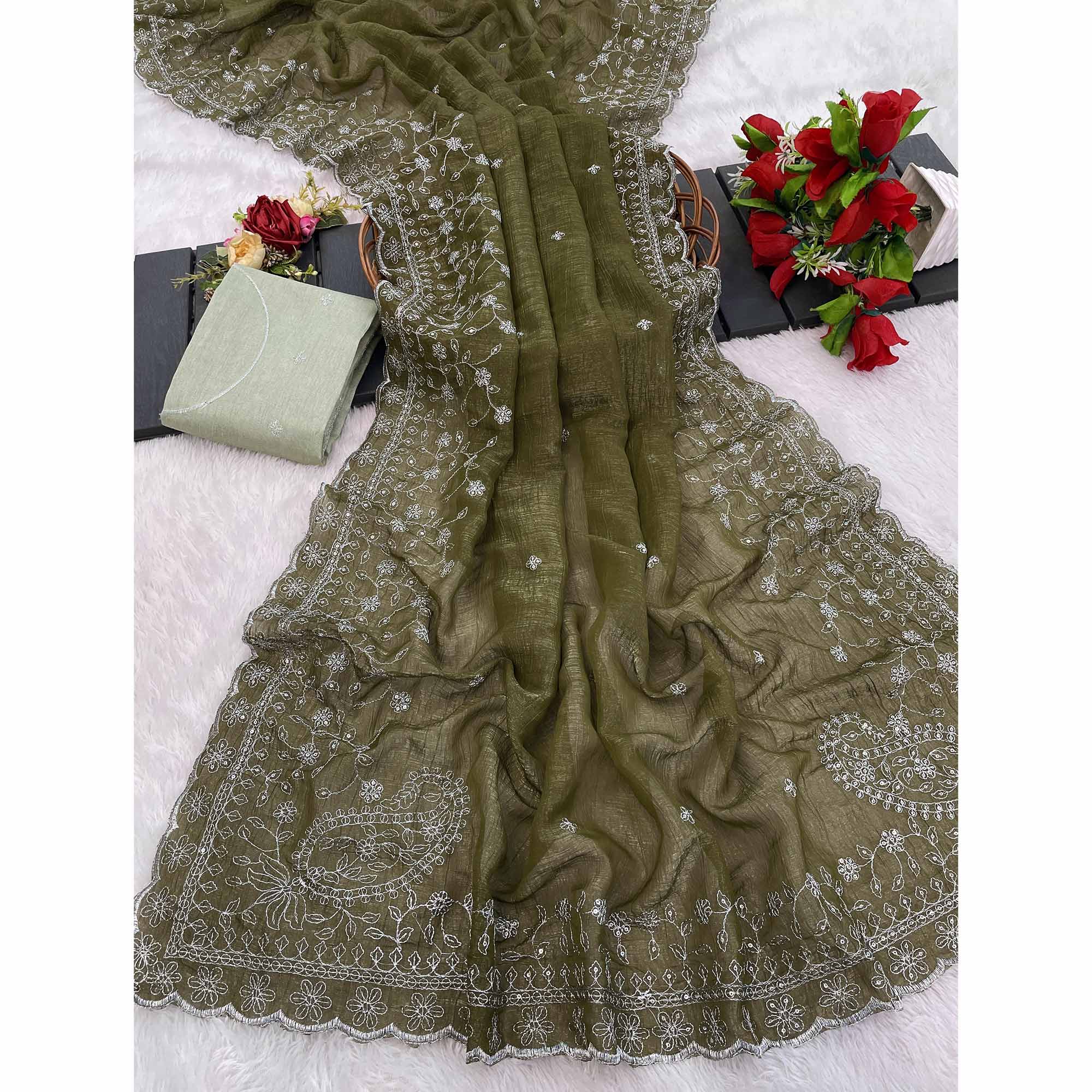 Mehendi Green Silk Blend Crush Saree Adorned With Floral Thread Embroidery & Sequins