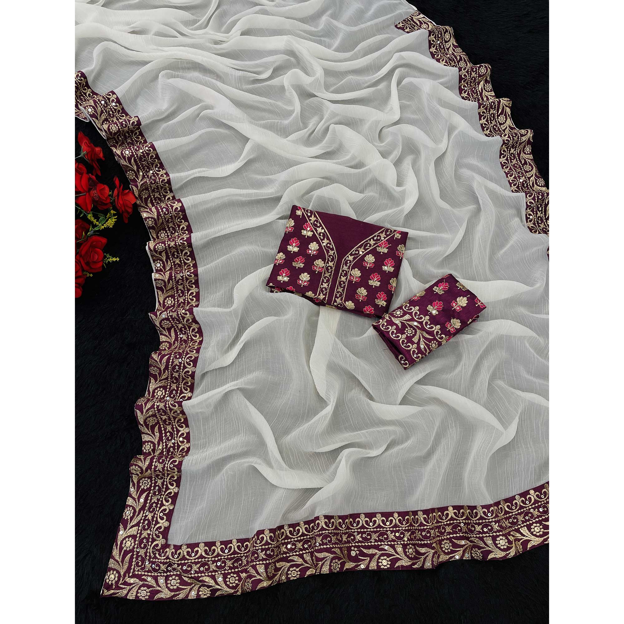 Offwhite Solid Crunchy Silk Blend Saree With Sequins Embroidery Border Work