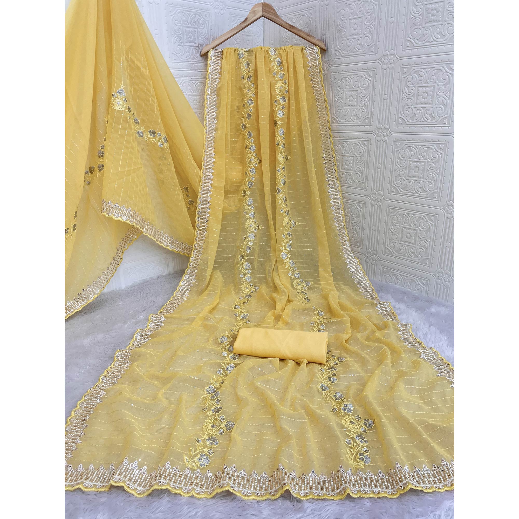 Yellow Shimmer Chiffon Saree with Floral Sequin Embroidery & Intricate Cutwork Border
