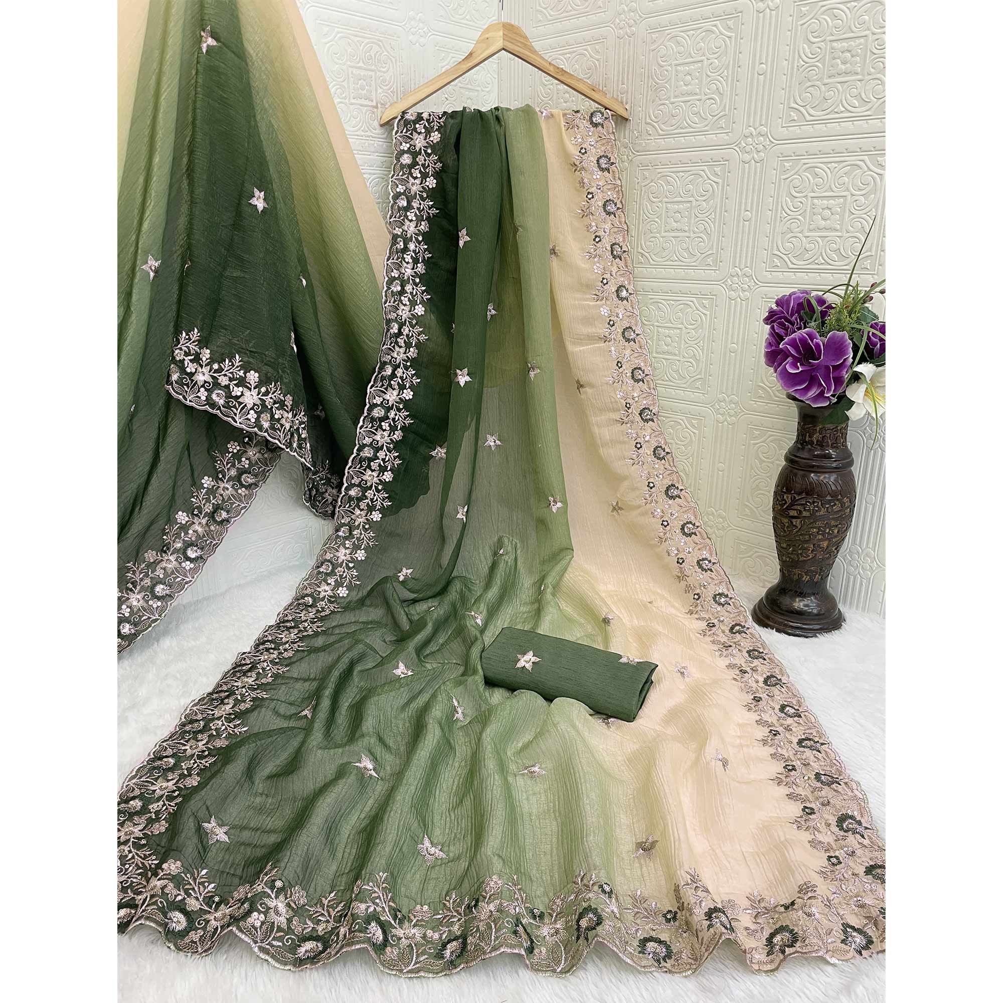 Green Crunchy Crush Saree Featuring Floral Thread Embroidery & Sequins Embellishment