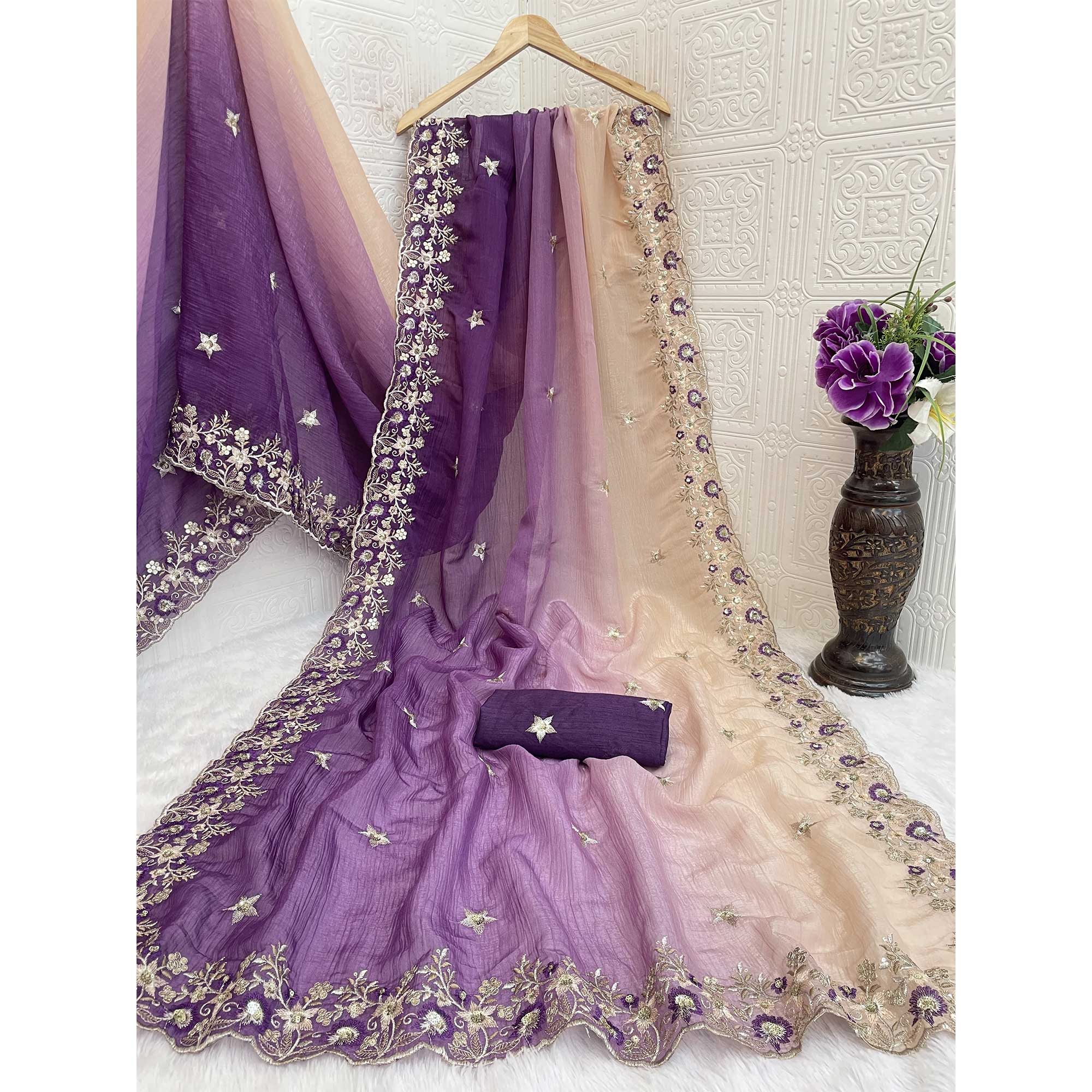 Purple Crunchy Crush Saree Featuring Floral Thread Embroidery & Sequins Embellishment