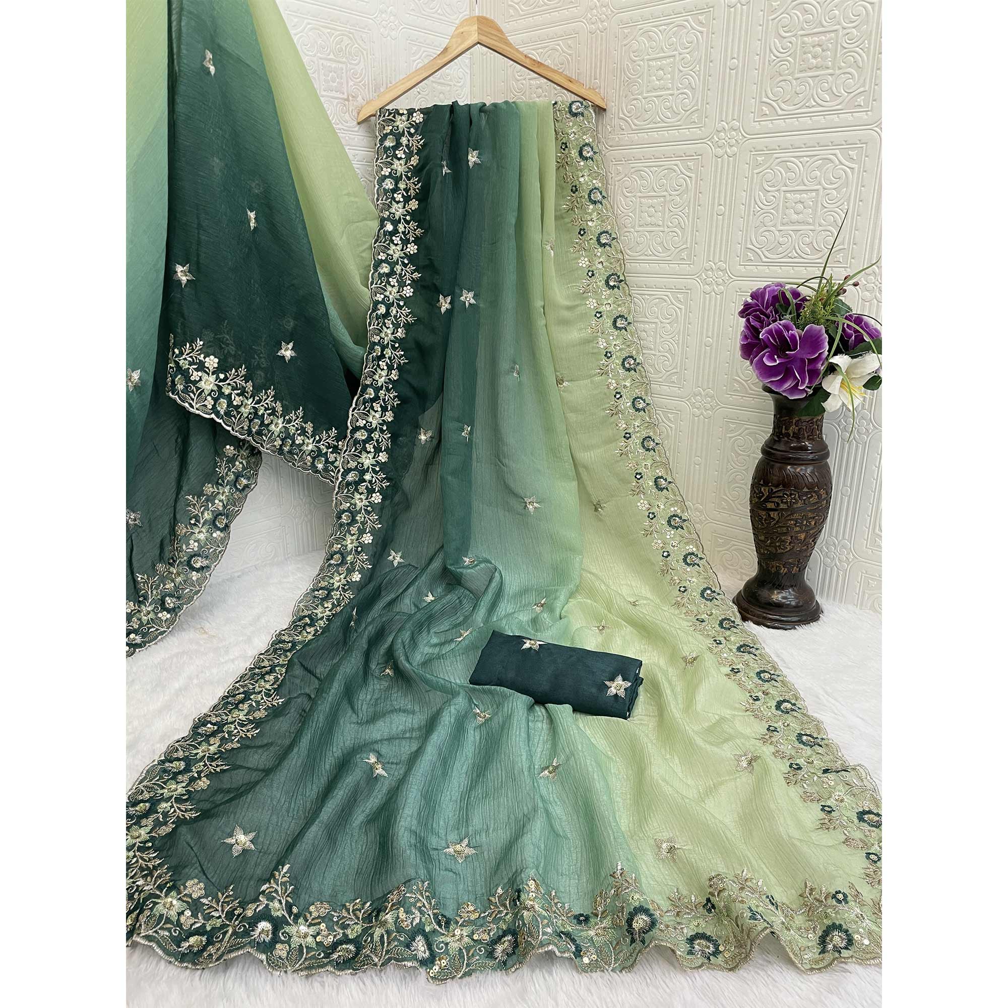 Teal Crunchy Crush Saree Featuring Floral Thread Embroidery & Sequins Embellishment