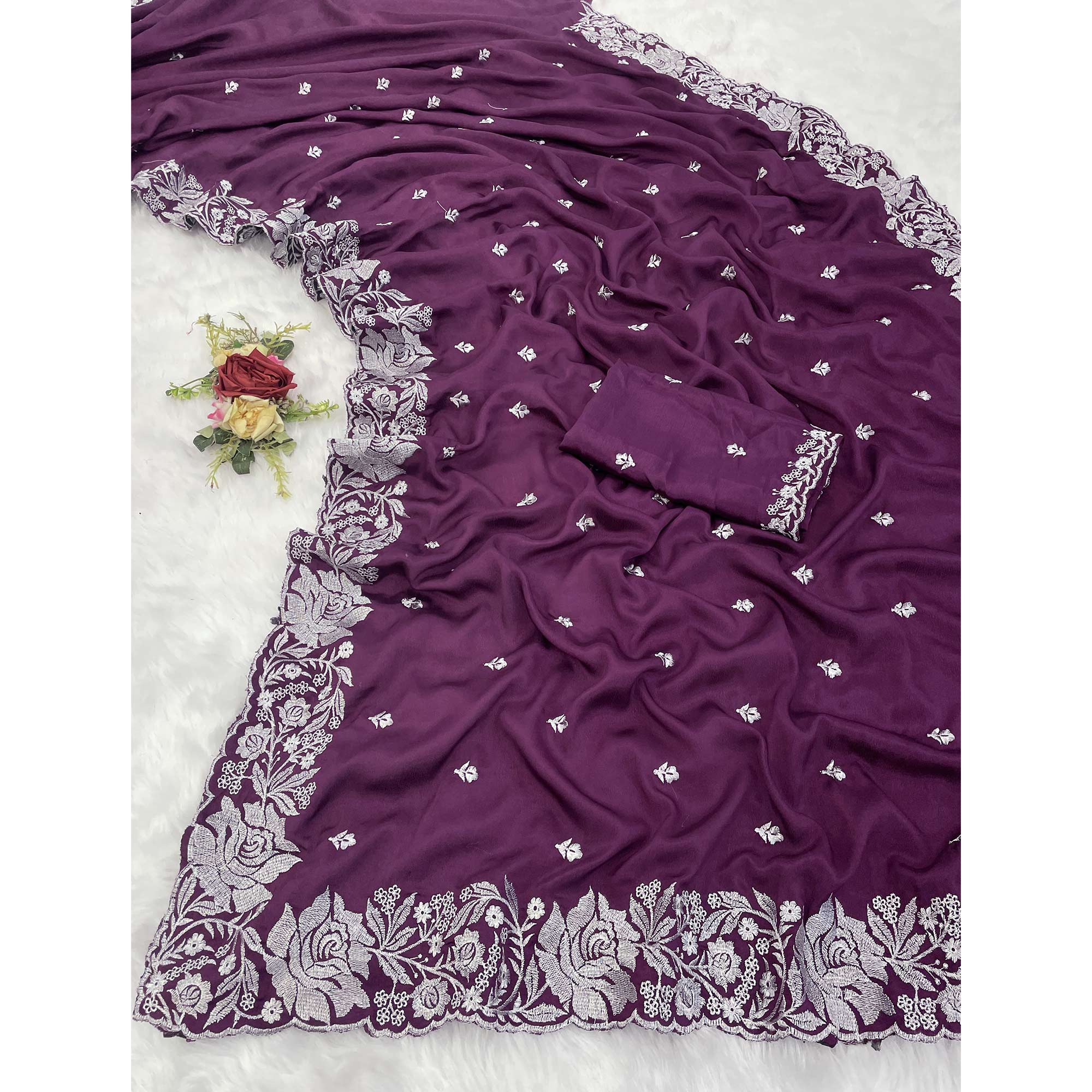 Ethereal Plum Purple Saree With Intricate Floral Zari Accents On Chinon Chiffon