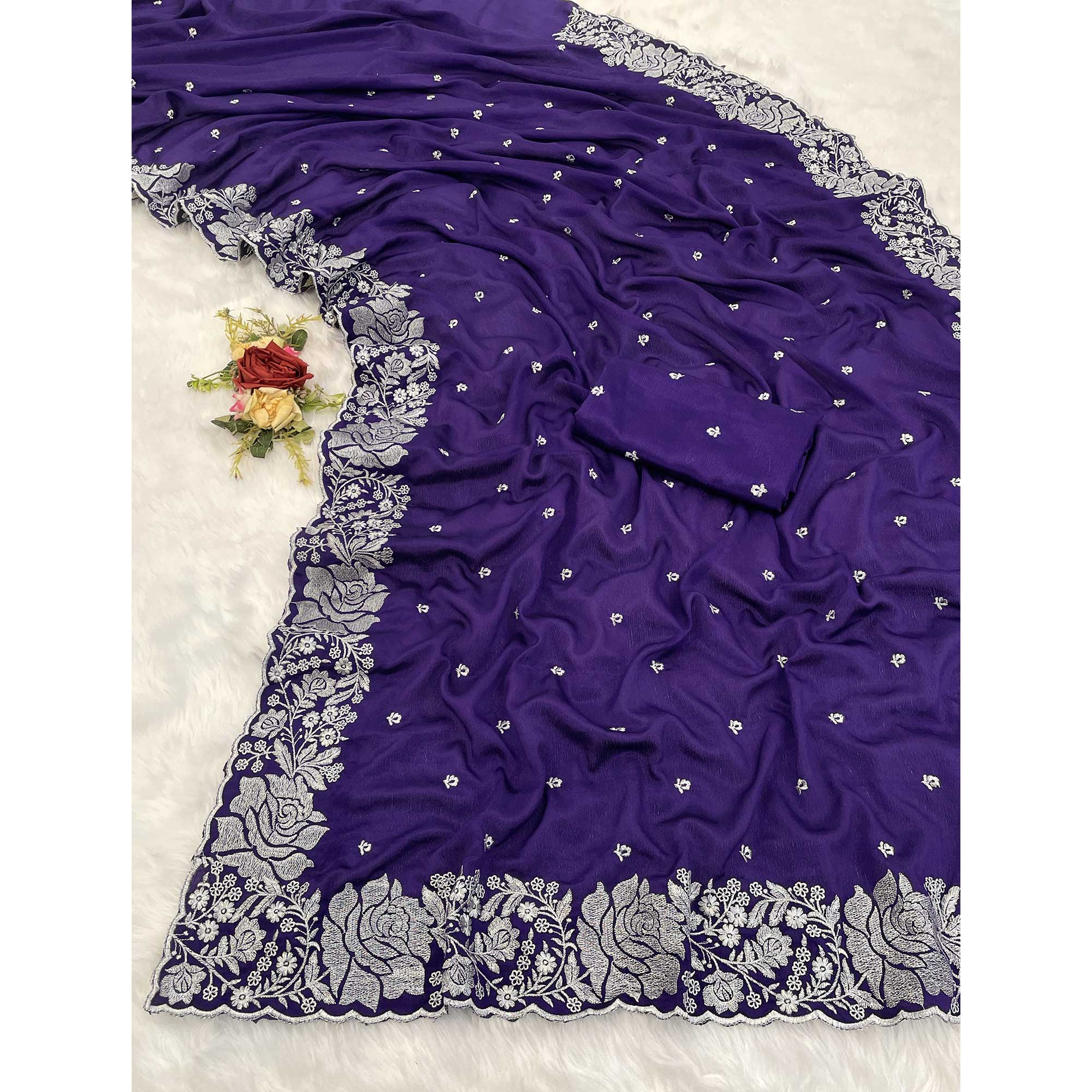 Luxurious Royal Purple Saree Adorned With Delicate Floral Zari Work On Chinon Chiffon