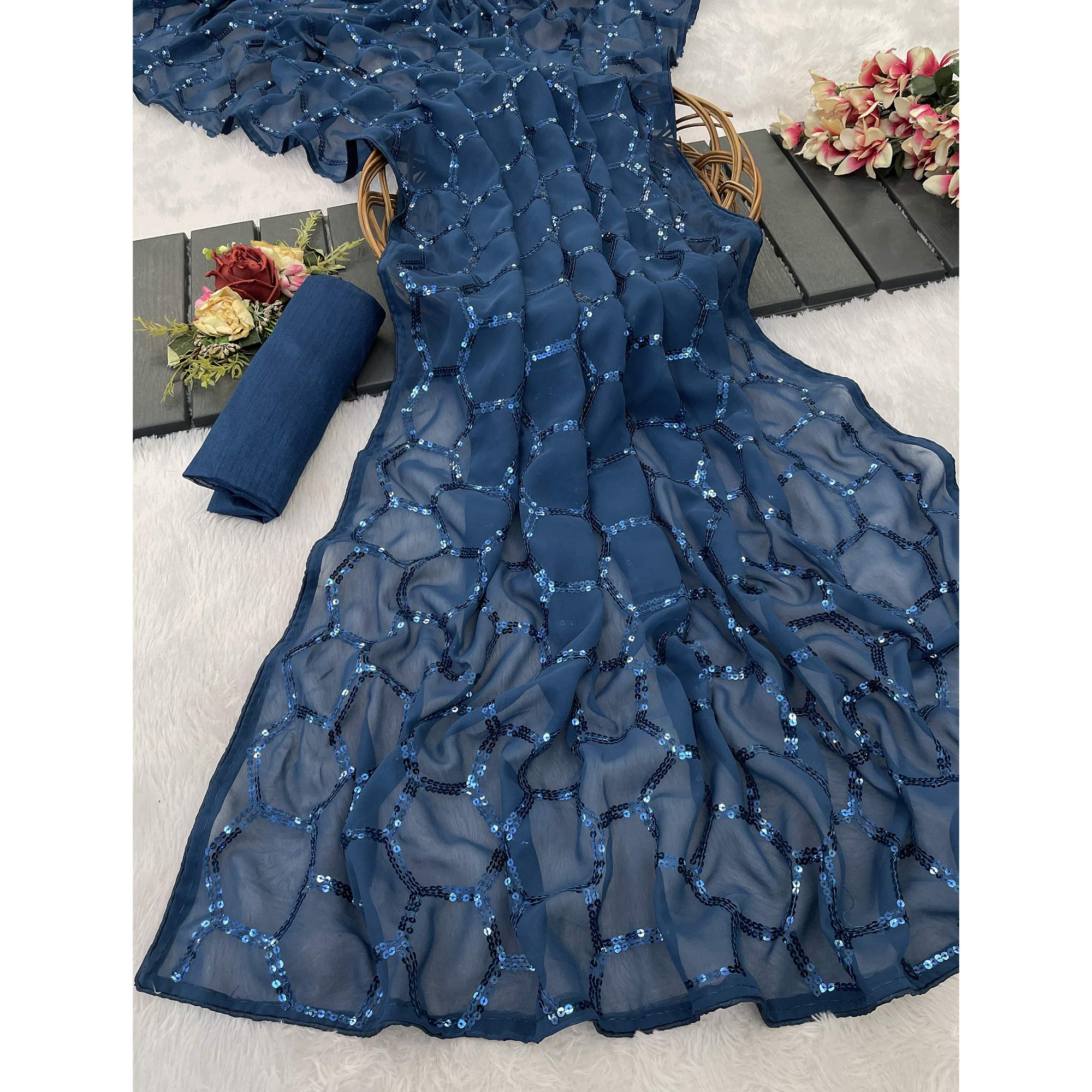 Blue Georgette Silk Saree Embellished With Sparkling Sequins Embroidery & Piping Border