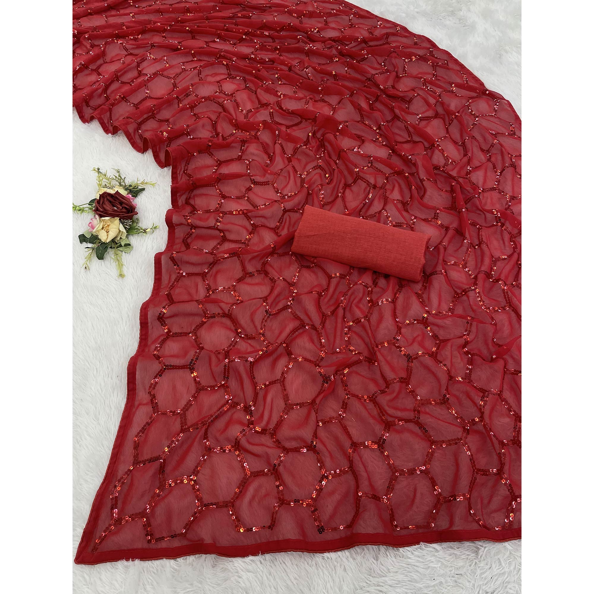 Red Georgette Silk Saree Embellished With Sparkling Sequins Embroidery & Piping Border