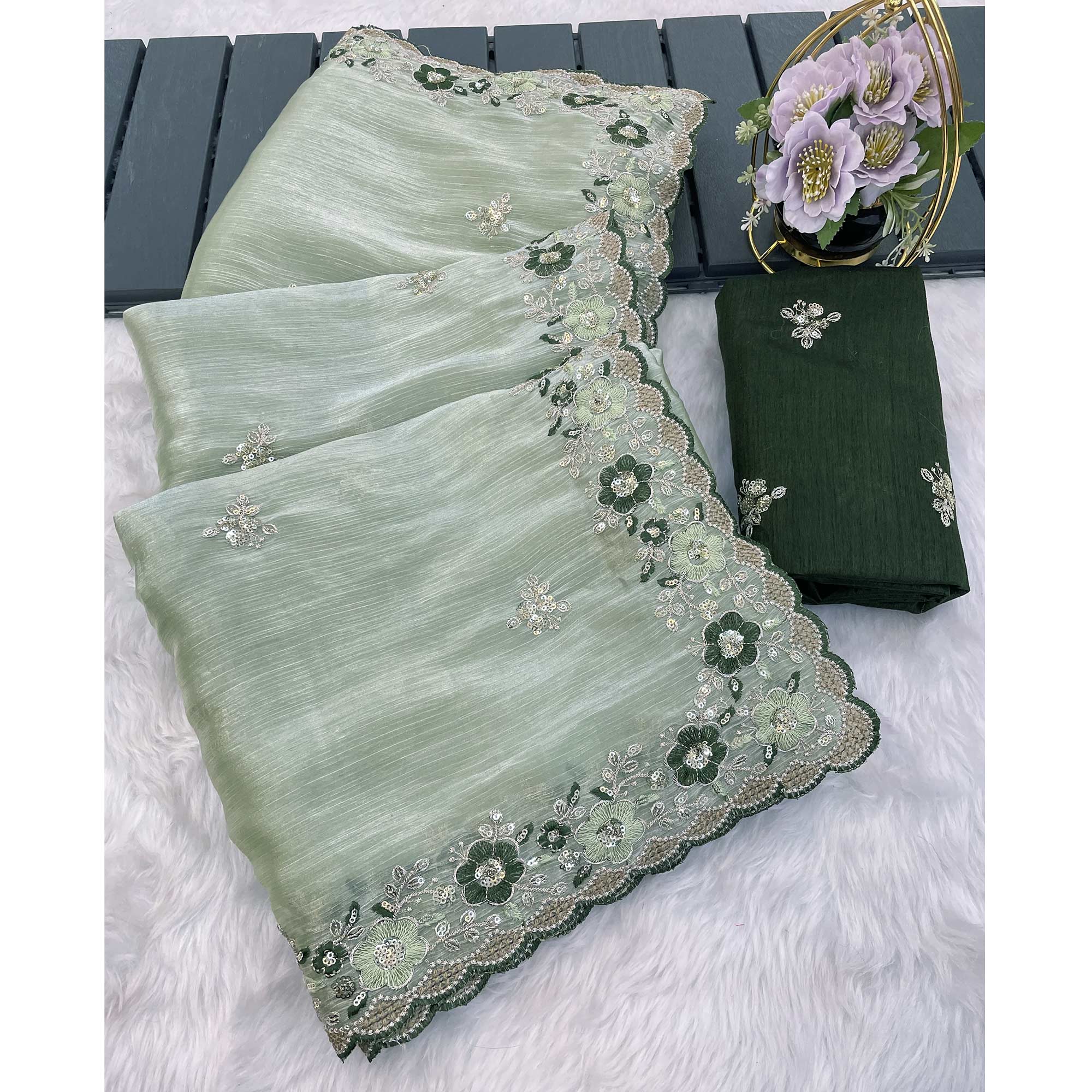 Green Jimmy Choo Chiffon Saree Adorned With Floral Embroidery & Delicate Sequins Work