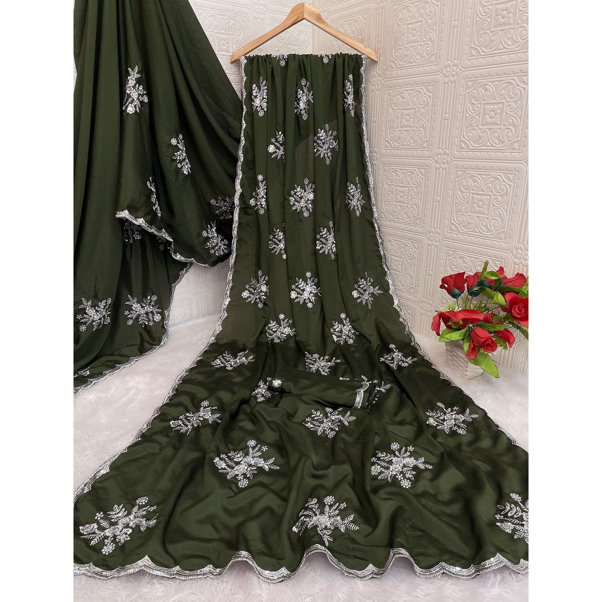Green Chinon Saree Adorned With Zari Floral Embroidery & Gleaming Sequins Work