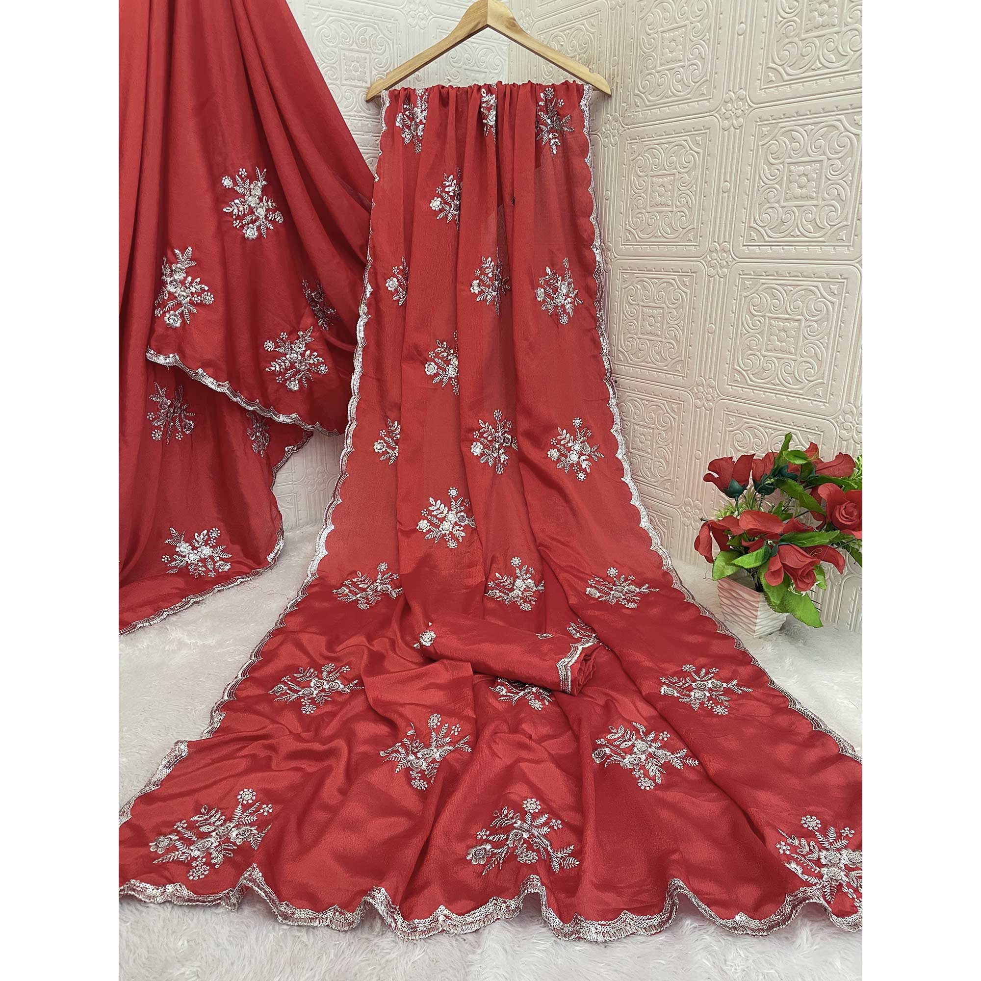 Red Chinon Saree Adorned With Zari Floral Embroidery & Gleaming Sequins Work