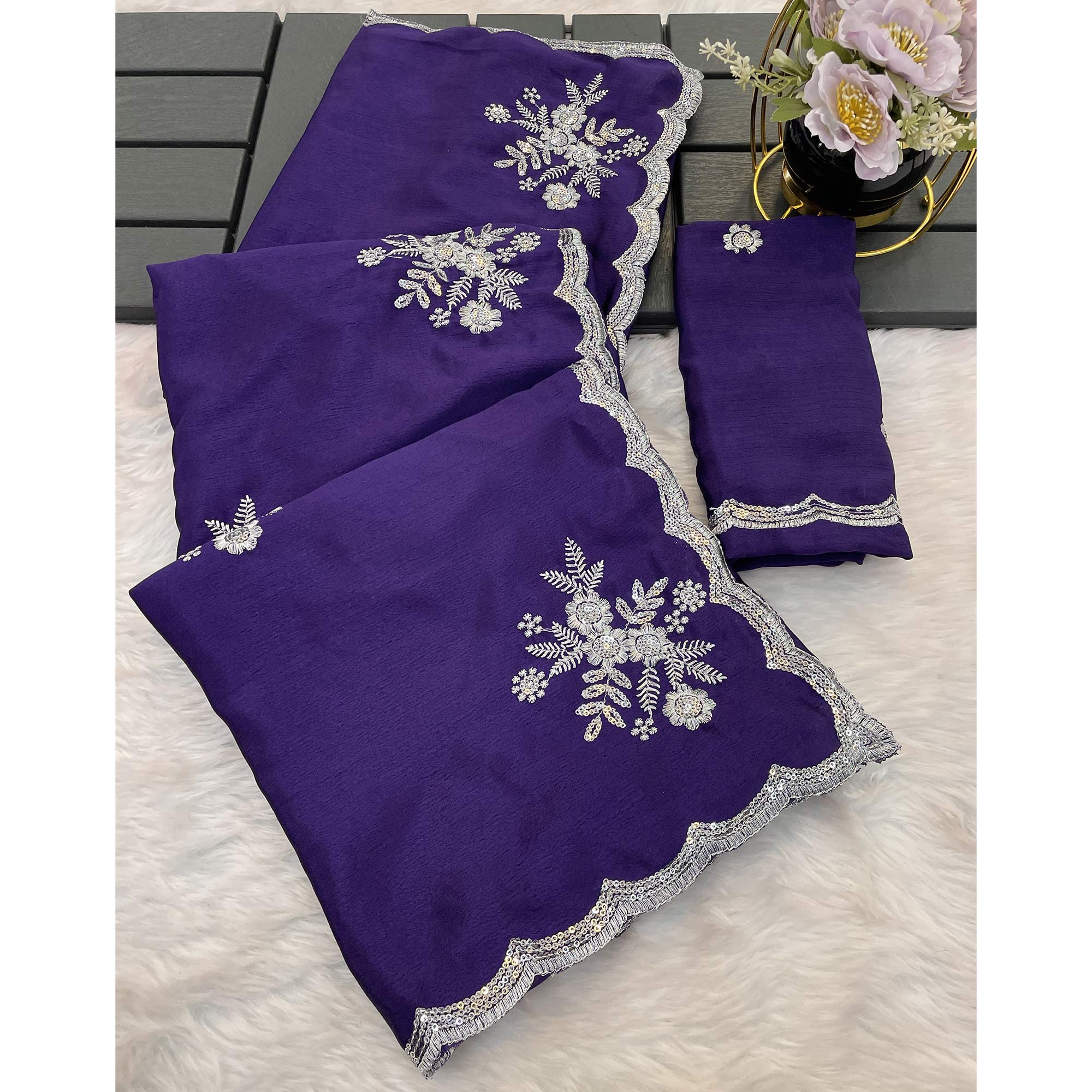 Royal Purple Chinon Saree Adorned With Zari Floral Embroidery & Gleaming Sequins Work