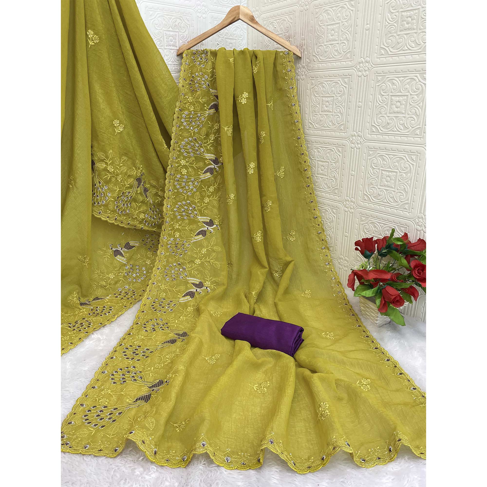 Graceful Green Crunchy Crush Saree With Delicate Floral Thread Embroidery & Sequin Work