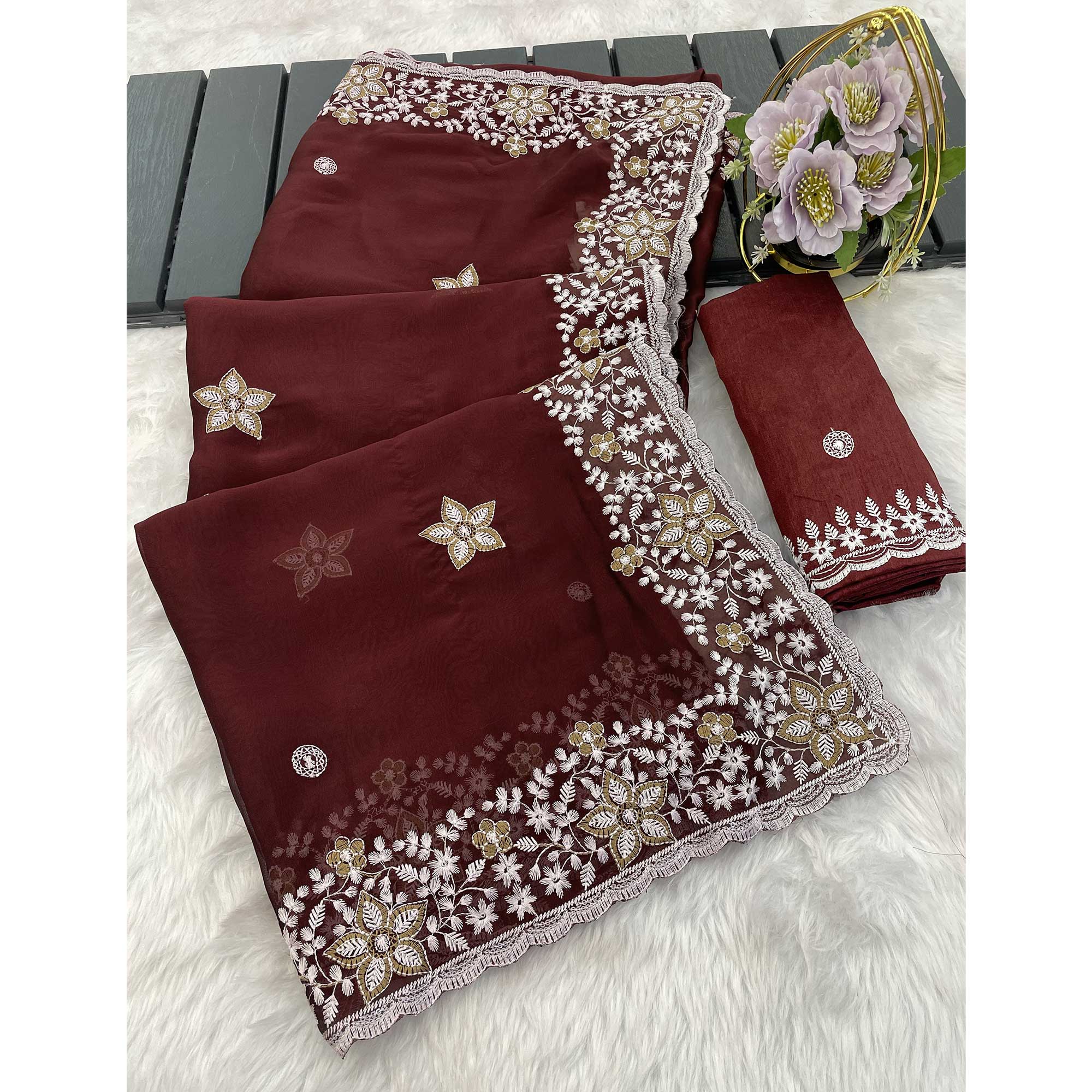 Maroon Designer Art Silk Saree Enhanced with Fine Floral Embroidery Work