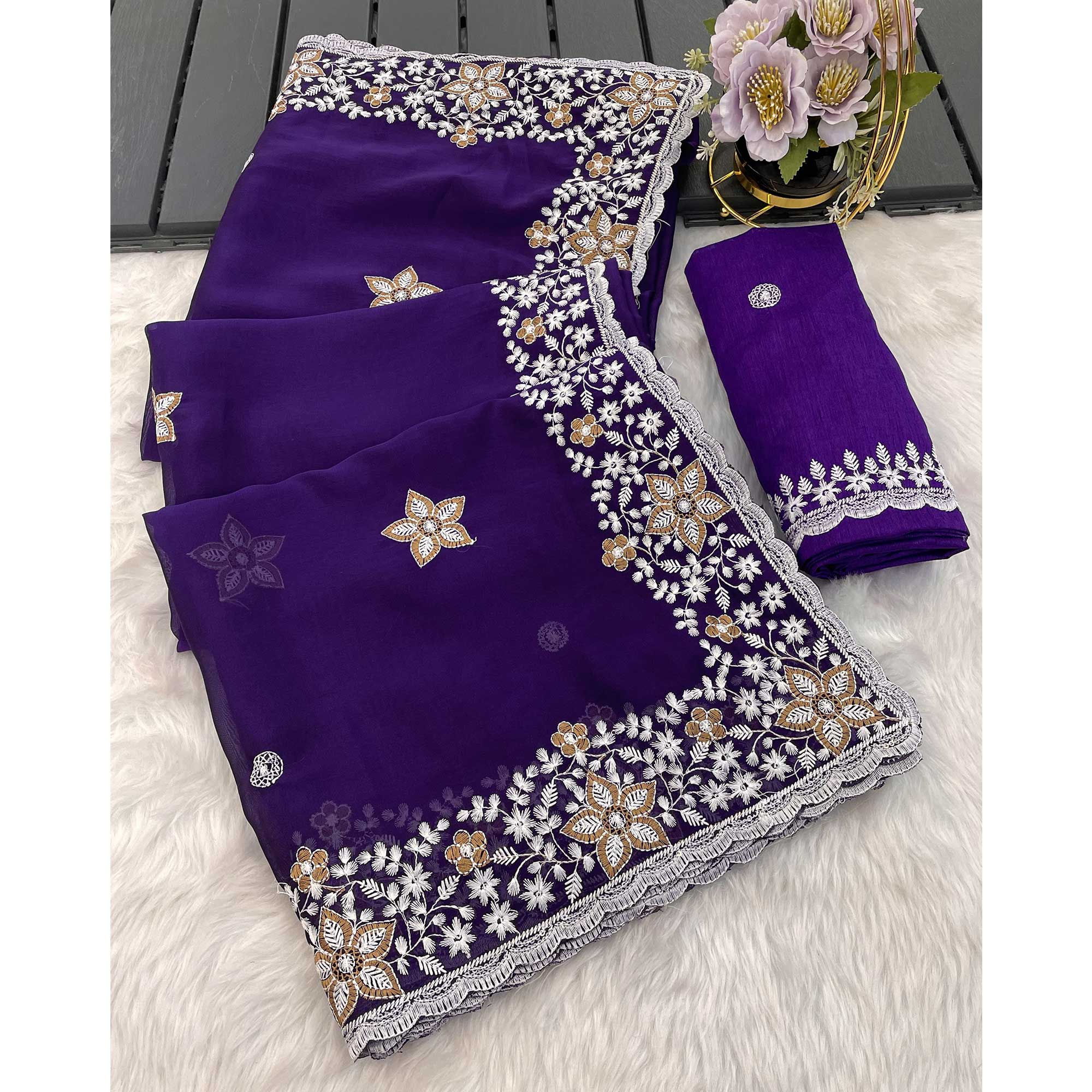 Purple Designer Art Silk Saree Enhanced with Fine Floral Embroidery Work