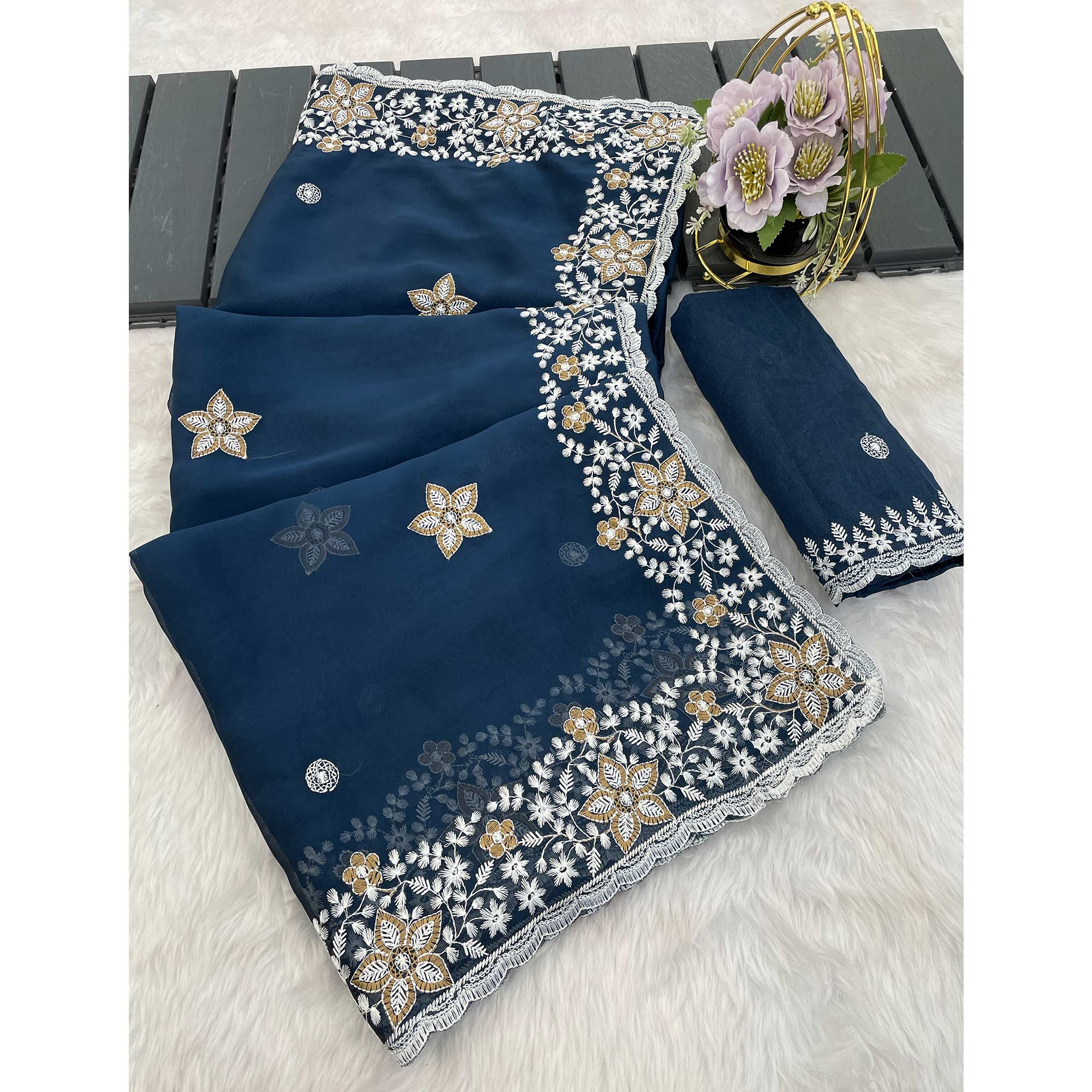 Teal Designer Art Silk Saree Enhanced with Fine Floral Embroidery Work