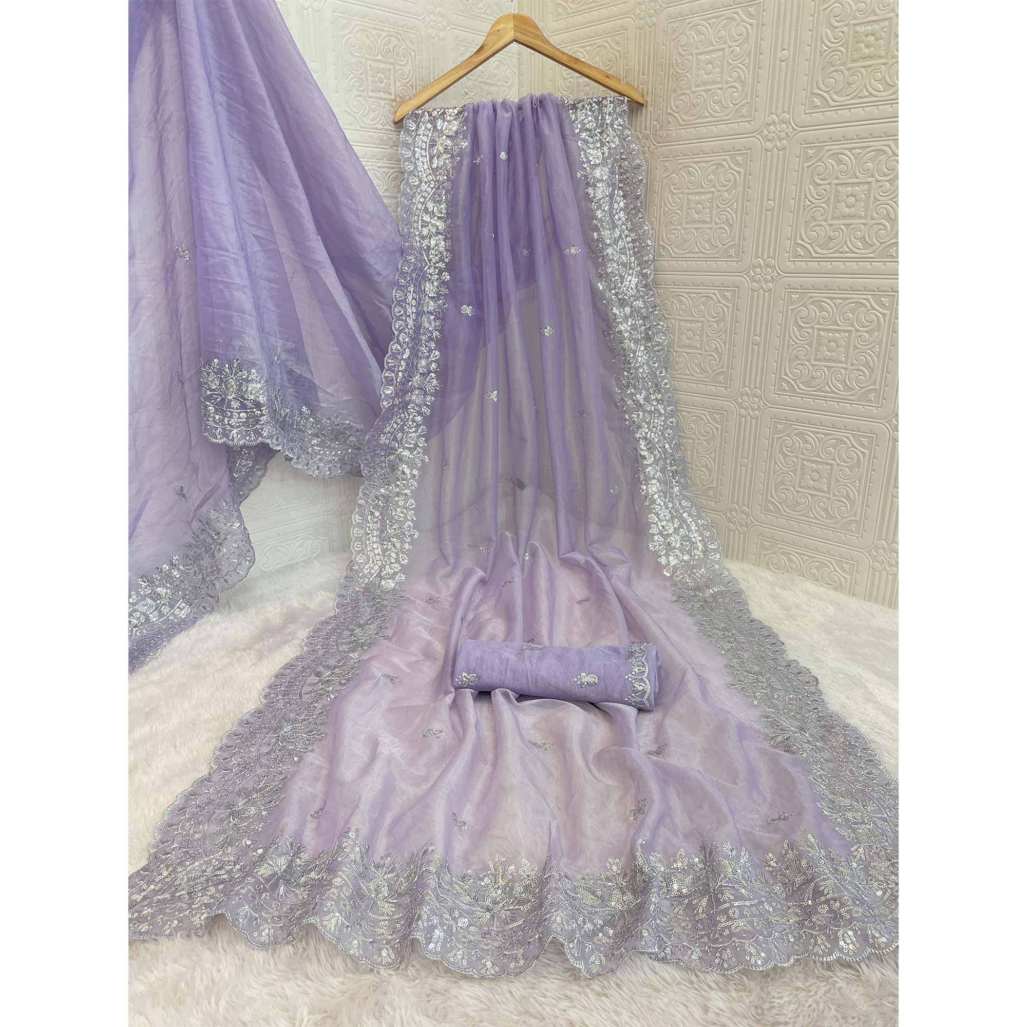 Lavender Sequins Embroidered Twill Net Designer Embellished Saree