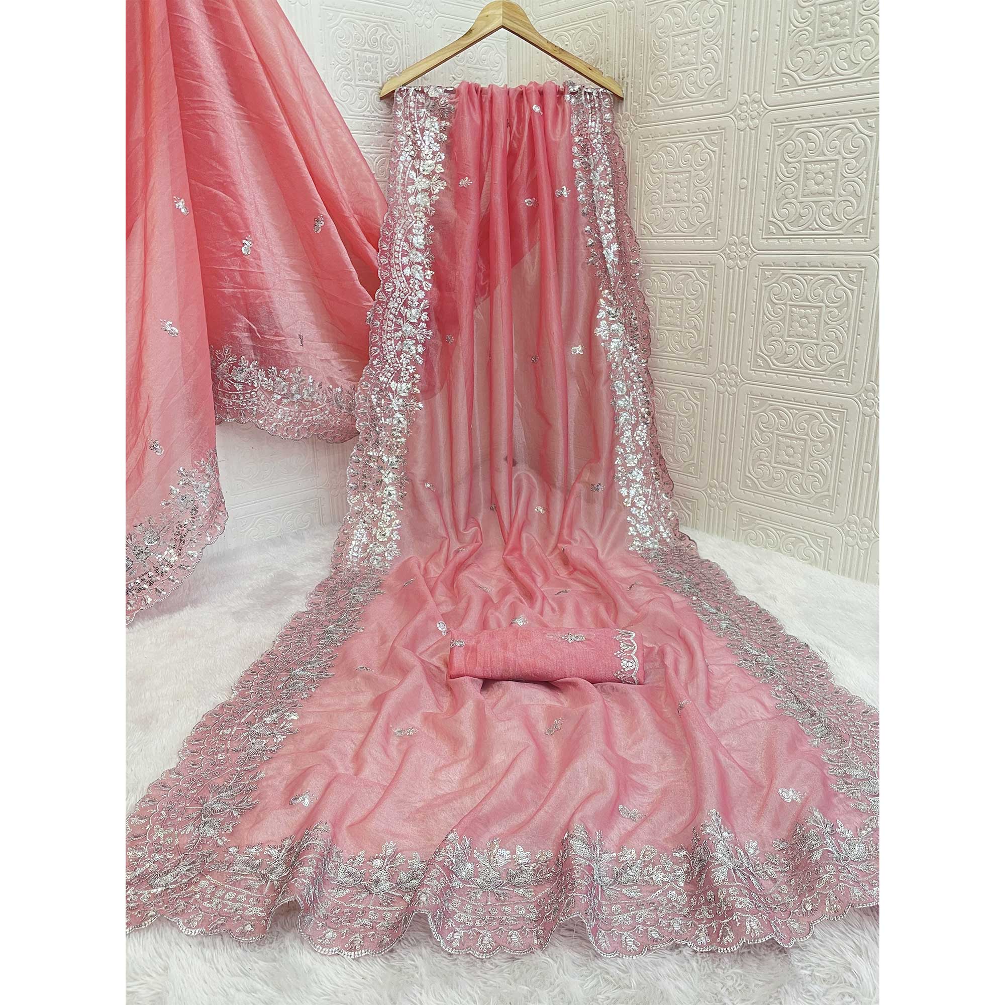 Peach Sequins Embroidered Twill Net Designer Embellished Saree