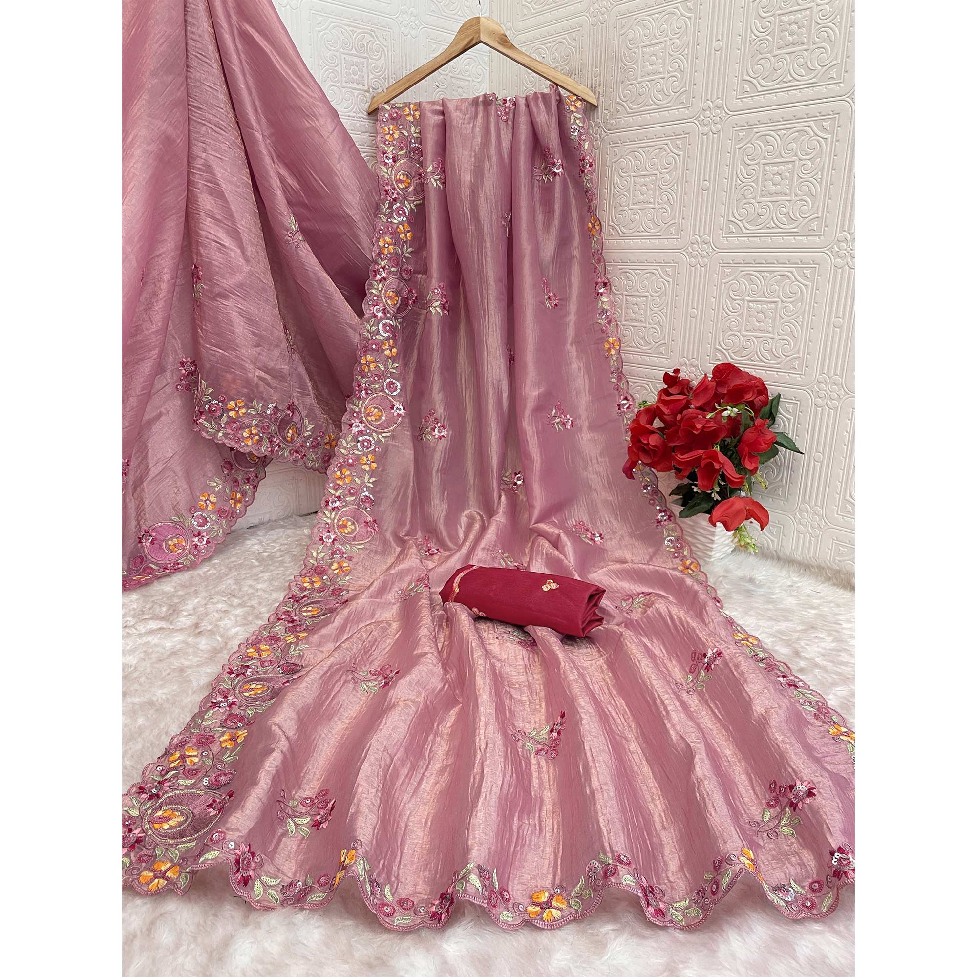 Pink Elegance Cotton Silk Saree with Floral Sequins Embroidery