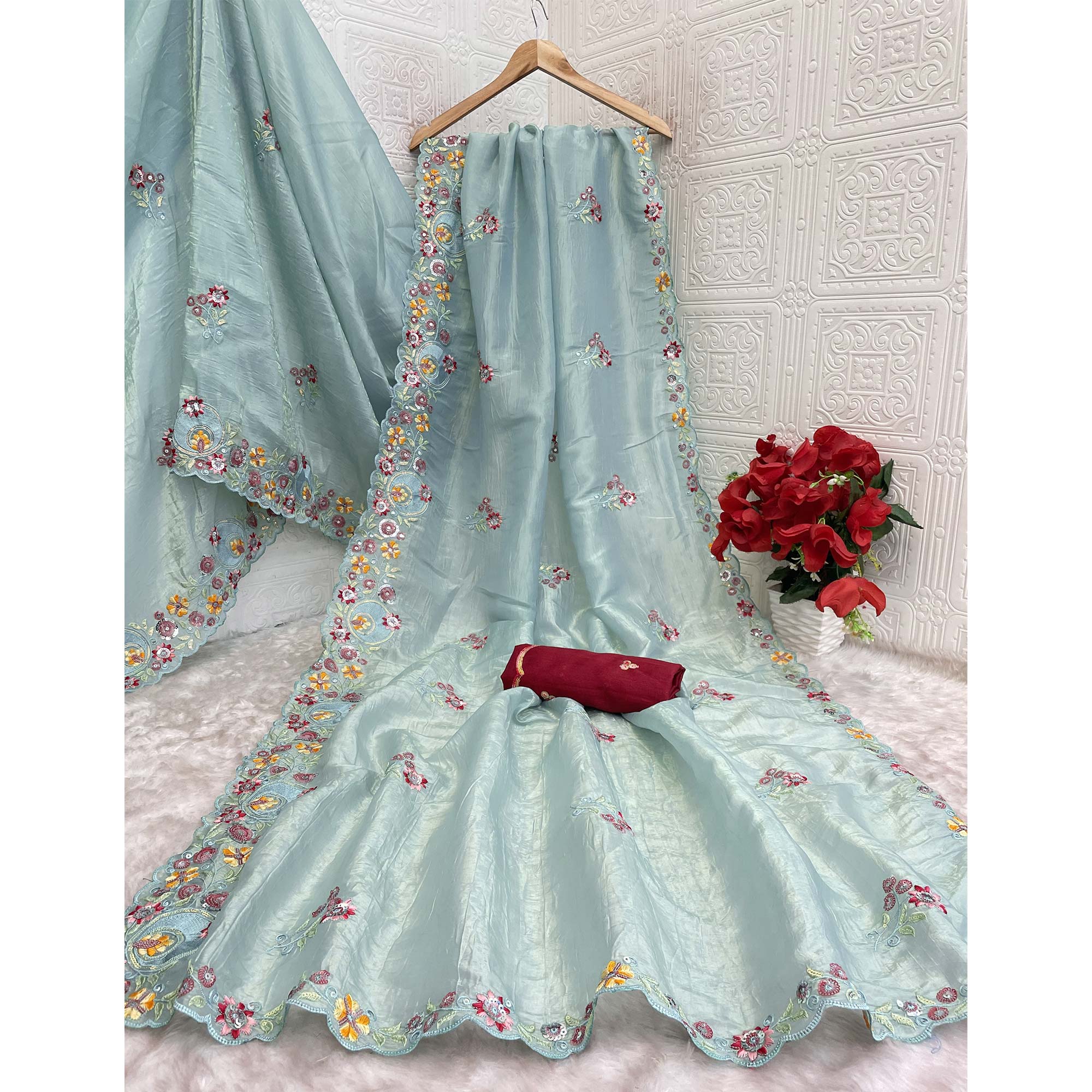 Turquoise Elegance Cotton Silk Saree with Floral Sequins Embroidery