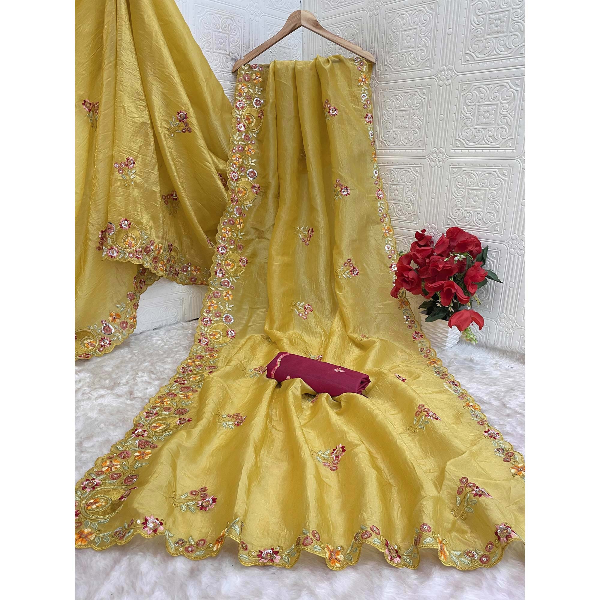Yellow Elegance Cotton Silk Saree with Floral Sequins Embroidery