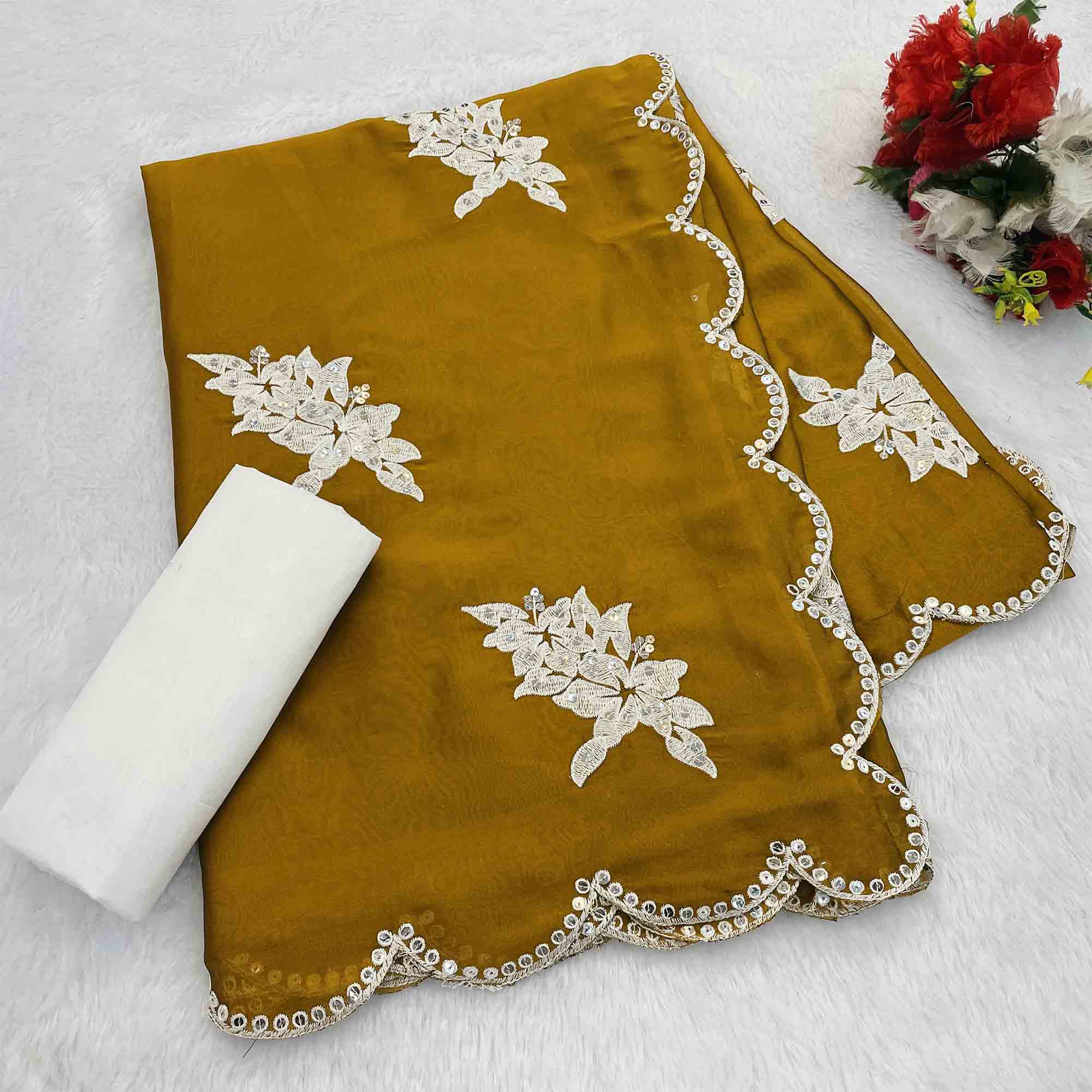 Mustard Silk Blend Saree with Embroidered Floral Design in Sequins & Thread