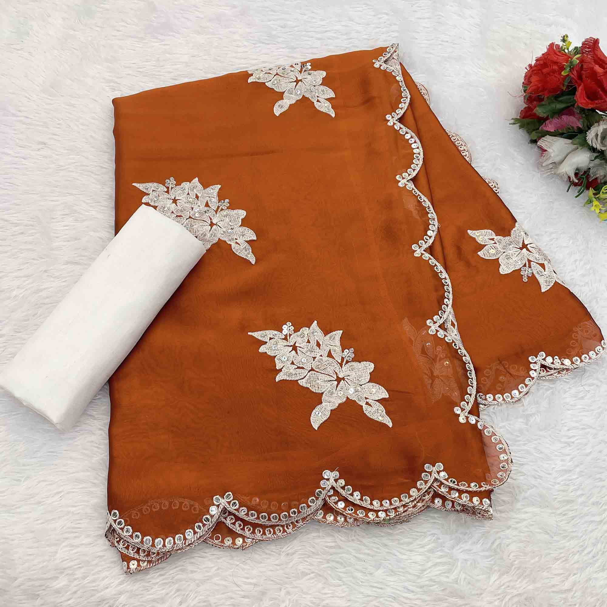 Rust Silk Blend Saree with Embroidered Floral Design in Sequins & Thread
