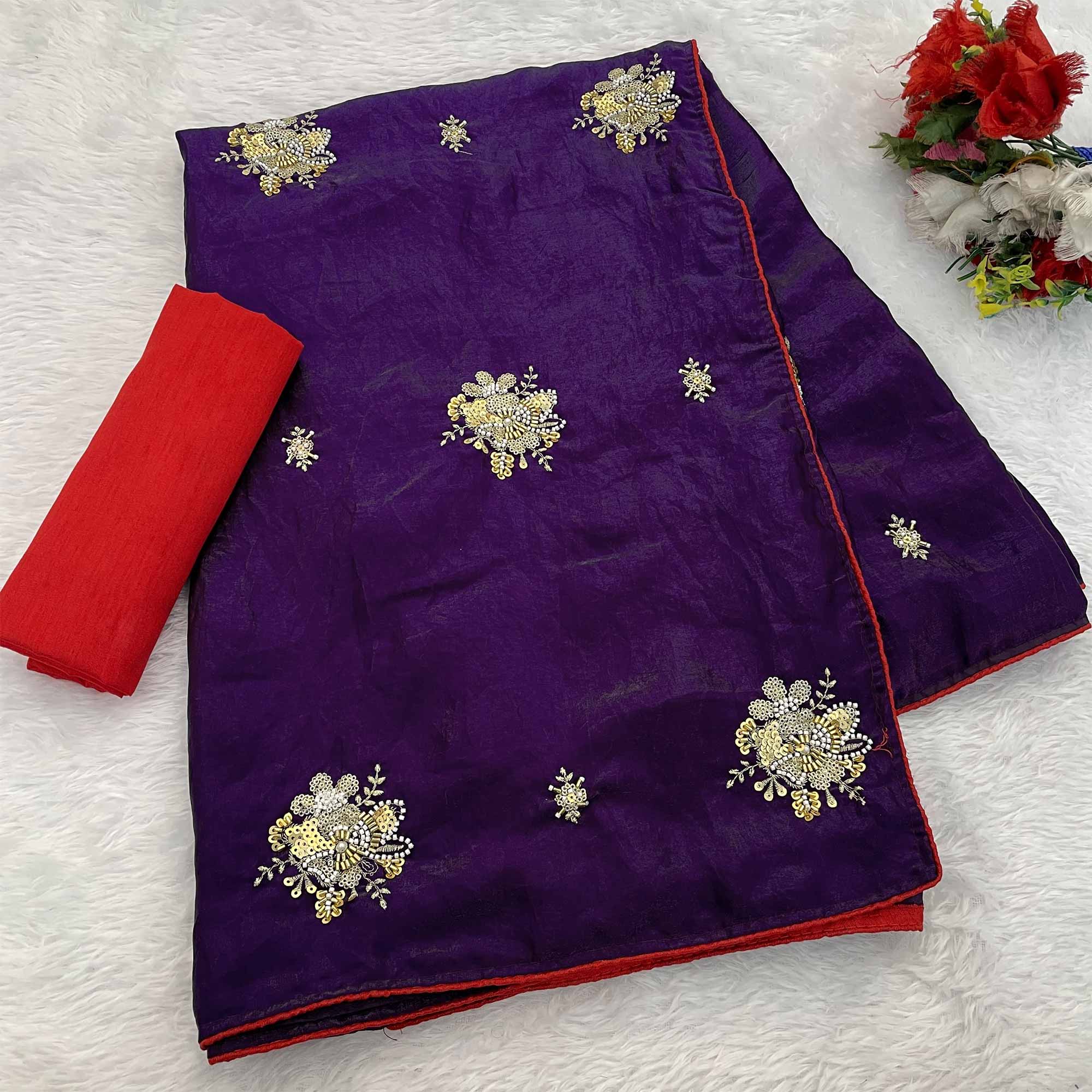 Party Wear Purple Satin Silk Saree with Intricate Bead and Sequin Detailing