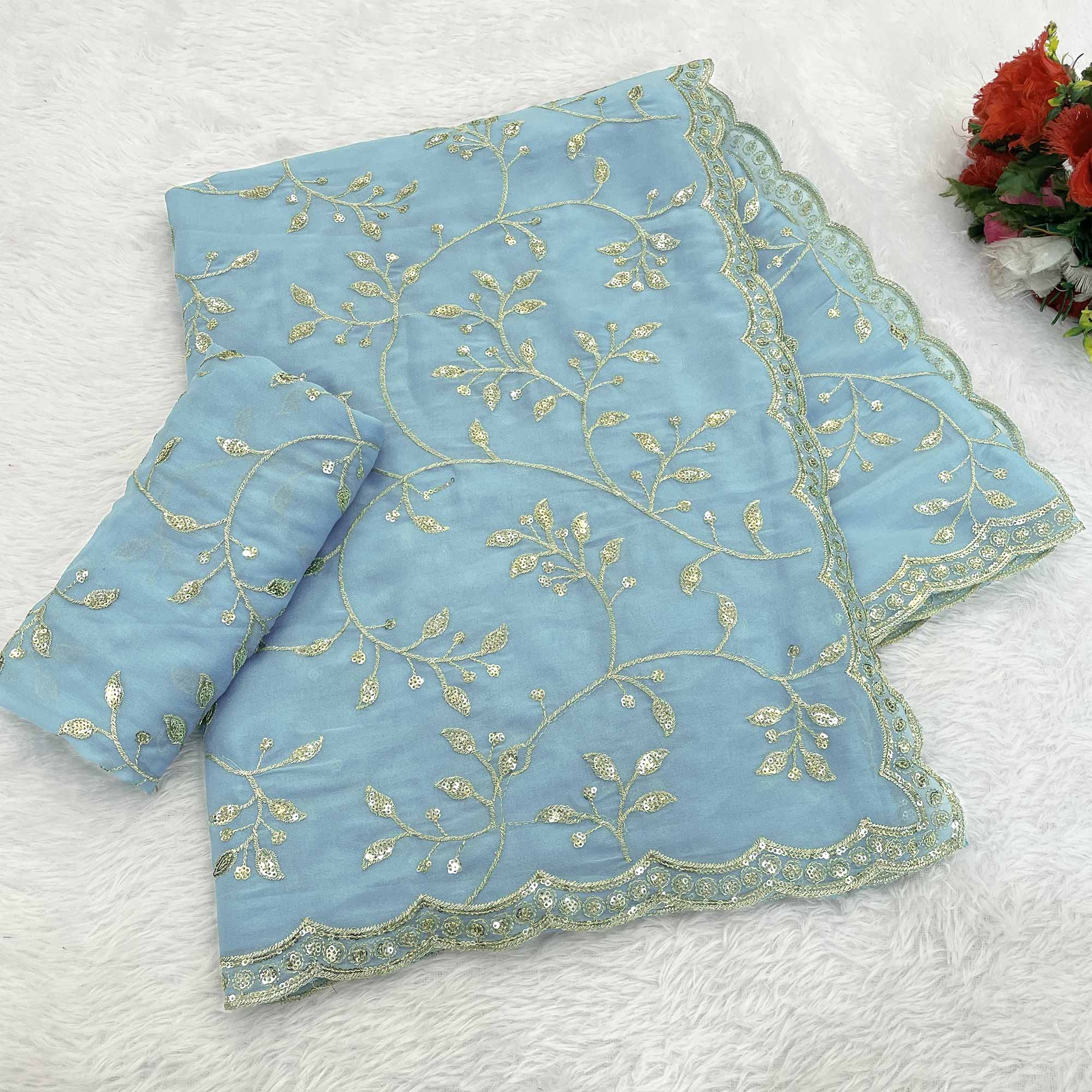 Designer Turquoise Georgette Saree Featuring Intricate Sequins & Embroidery Work