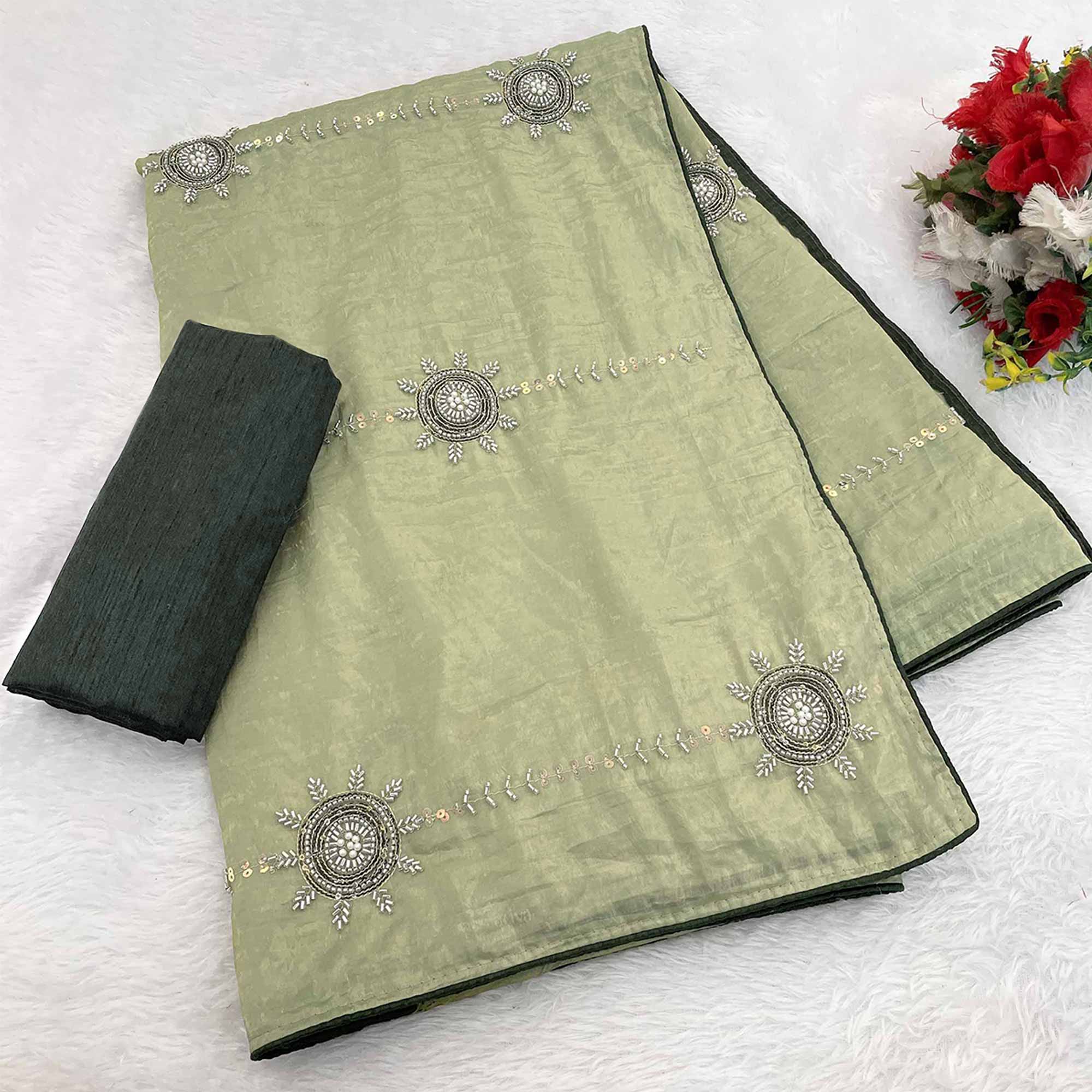 Pista Green Designer Silk Blend Saree Embellished with Stones & Beads