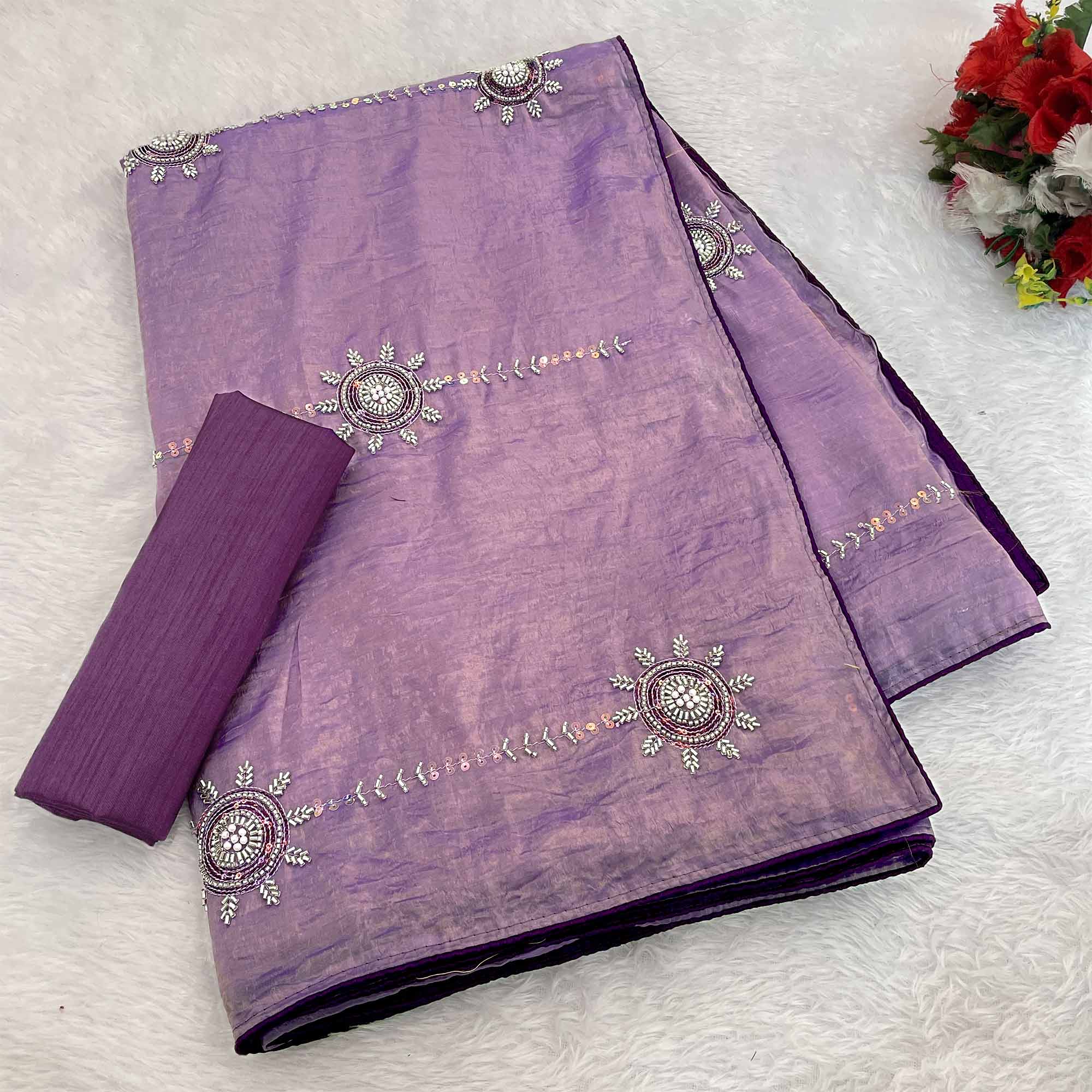 Purple Designer Silk Blend Saree Embellished with Stones & Beads