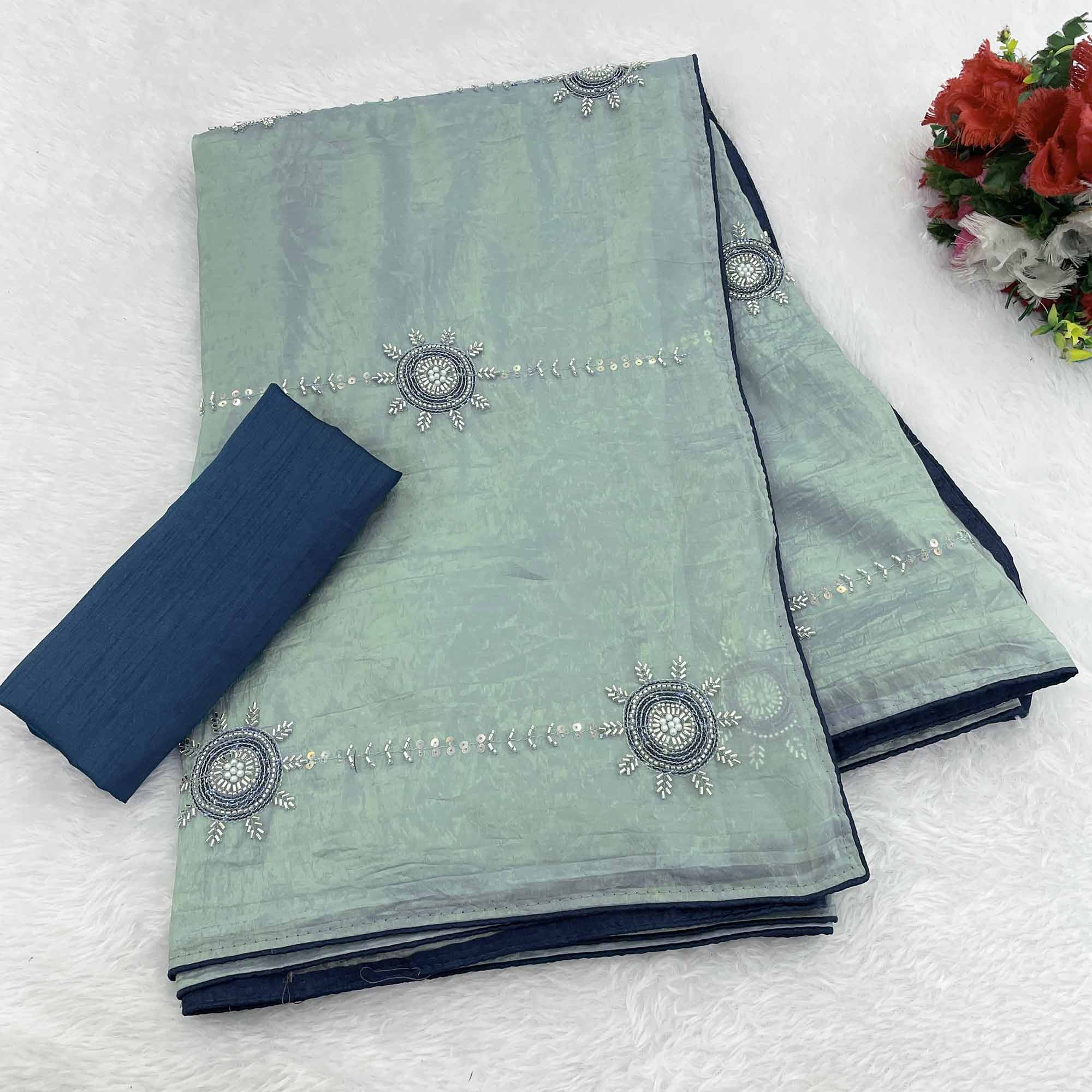 Turquoise Designer Silk Blend Saree Embellished with Stones & Beads