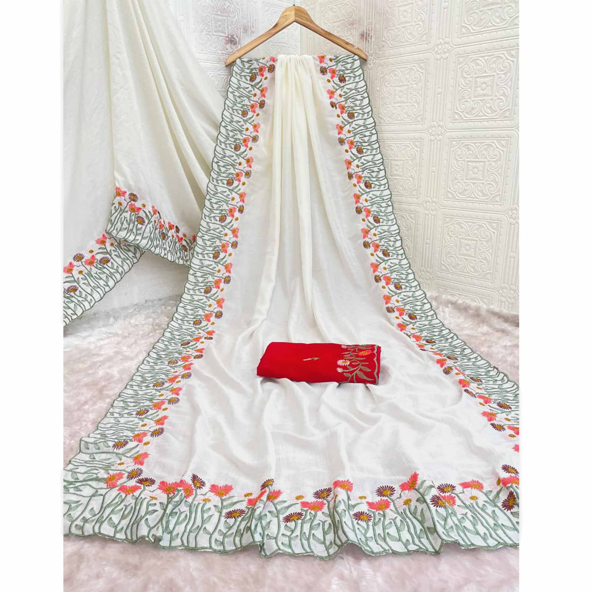 Off White Vichitra Silk Saree with Fine Floral Embroidery for Party and Traditional Styling