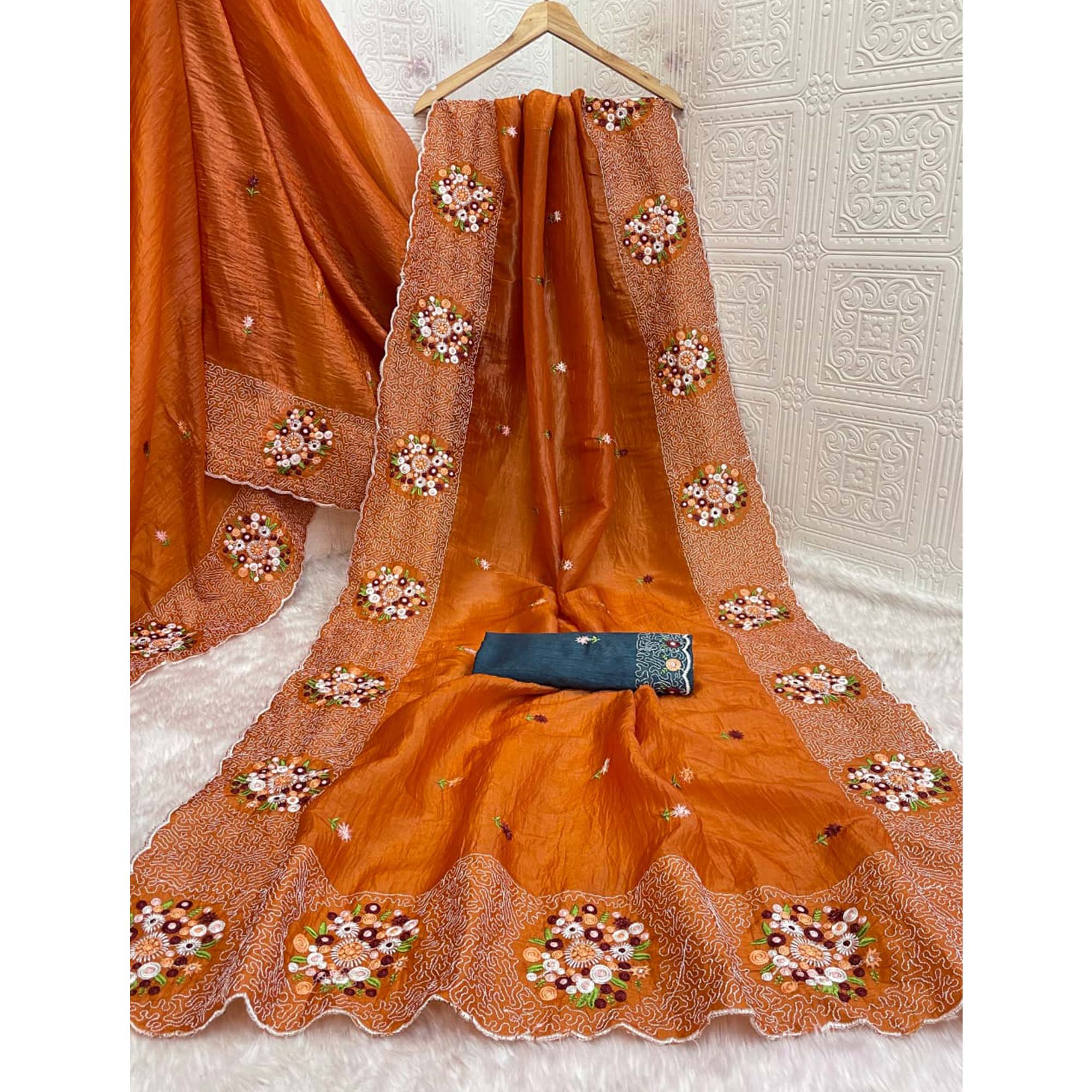 Orange Cotton Silk Saree with Beautiful Floral Embroidery for Parties & Celebrations