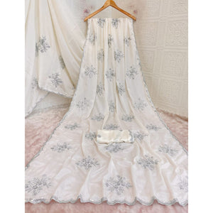 Designer Off White Pure Chinon Saree Highlighted with Elegant Sequins Embroidery