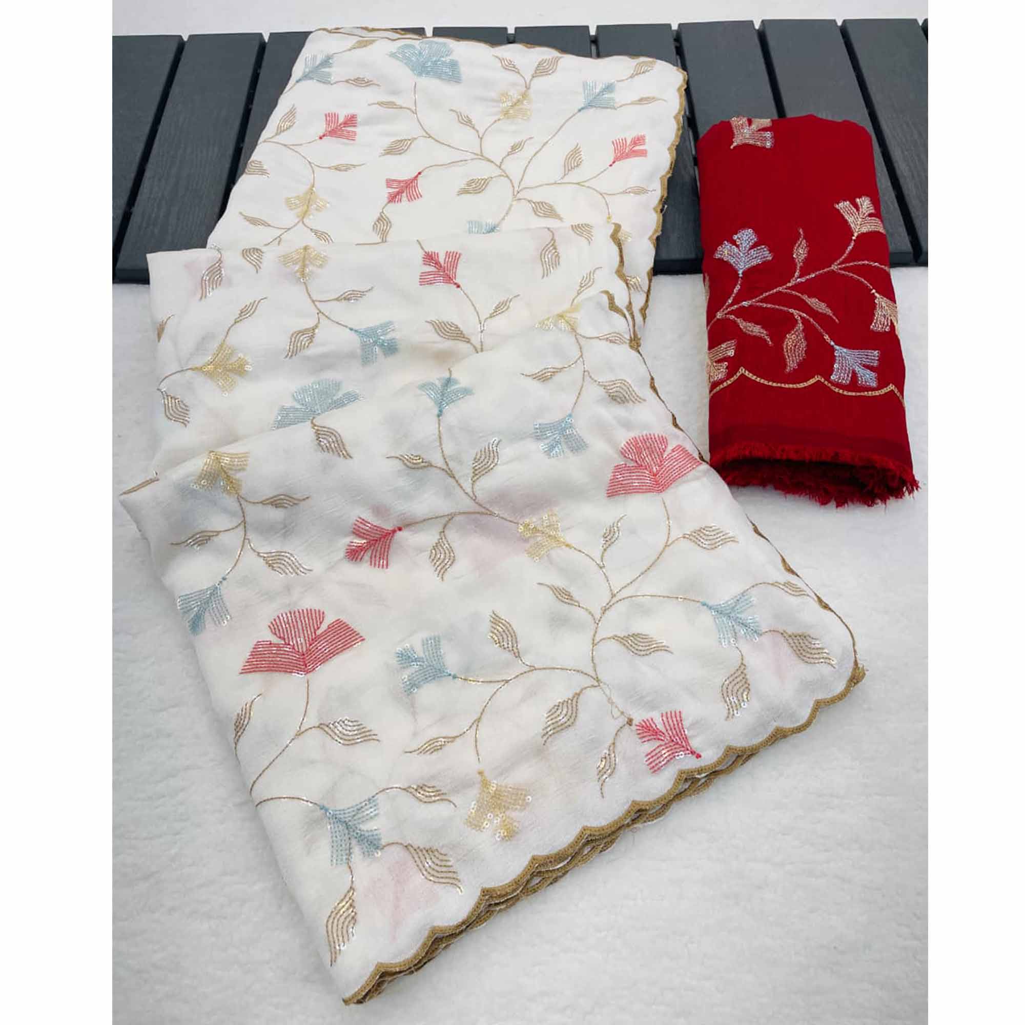 Graceful White Vichitra Silk Saree Adorned With Floral Sequins Embroidery & Golden Arco Border