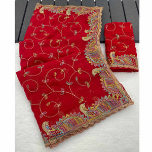 Elegant Red Floral Sequin & Thread Embroidered Georgette Saree With Exquisite Peacock Design Border