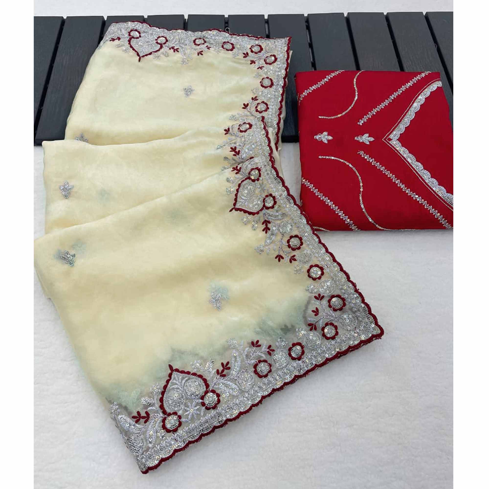 Radiant Cream Tissue Silk Saree Beautifully Embellished With Floral Thread & Sequins Embroidery