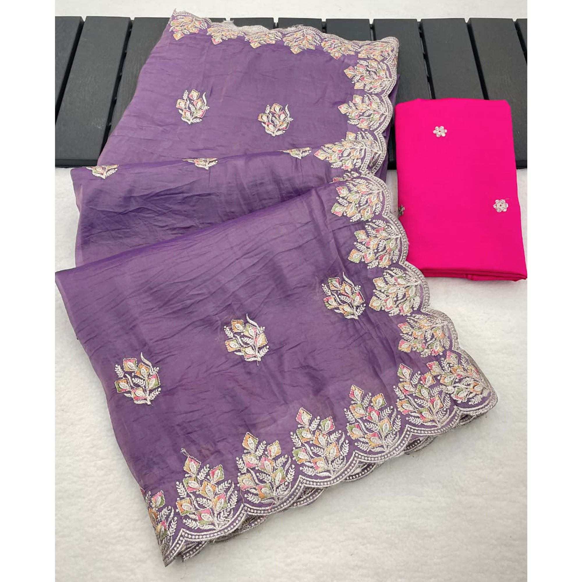 Classic Lavender Silk Blend Crush Saree Beautifully Embellished With Floral Thread Embroidery