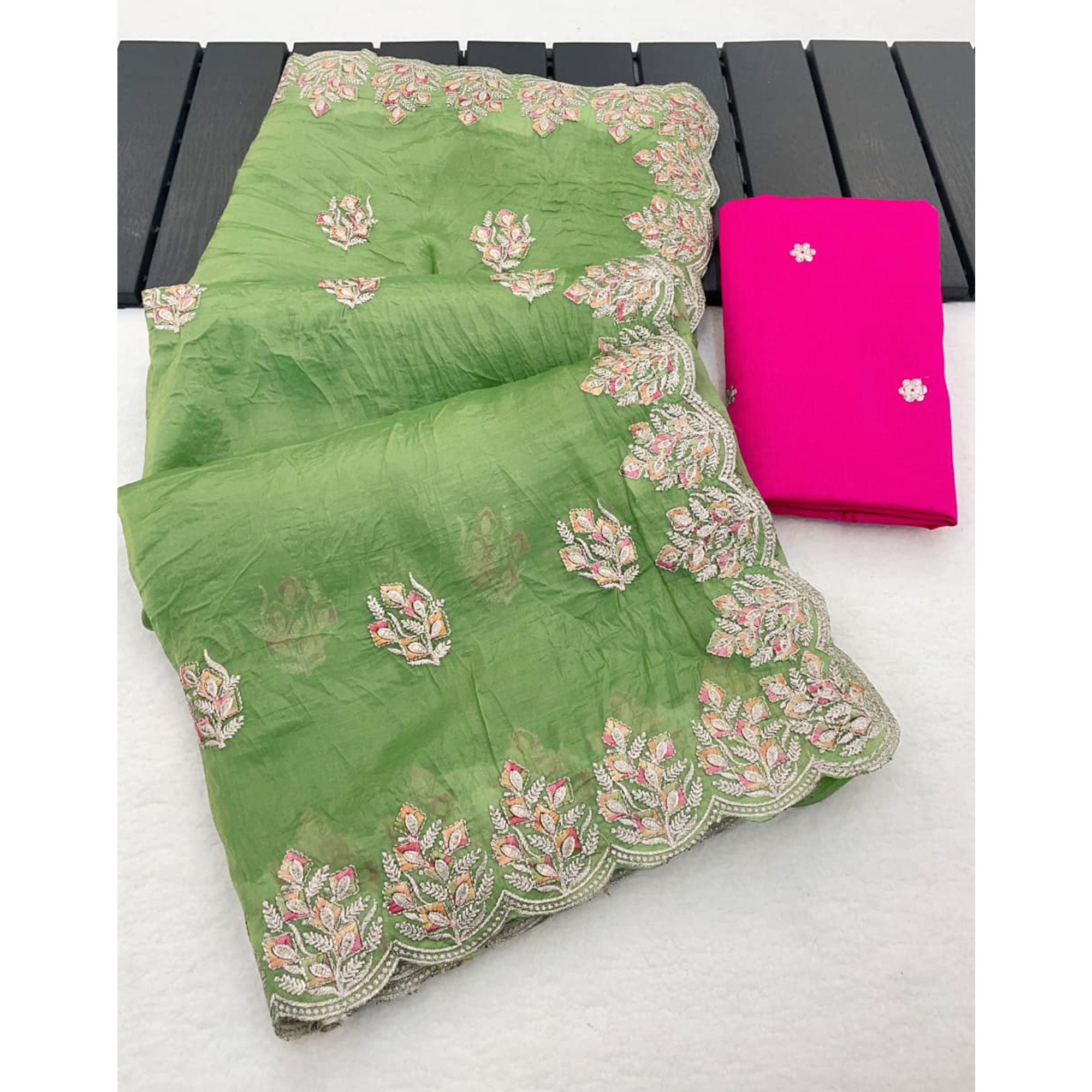 Classic Parrot Green Silk Blend Crush Saree Beautifully Embellished With Floral Thread Embroidery