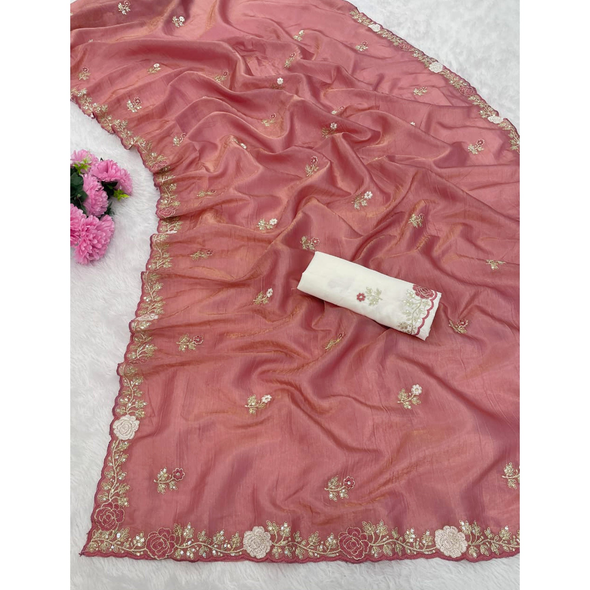 Rose Pink Lightweight Georgette Crush Saree Adorned with Delicate Floral Embroidery