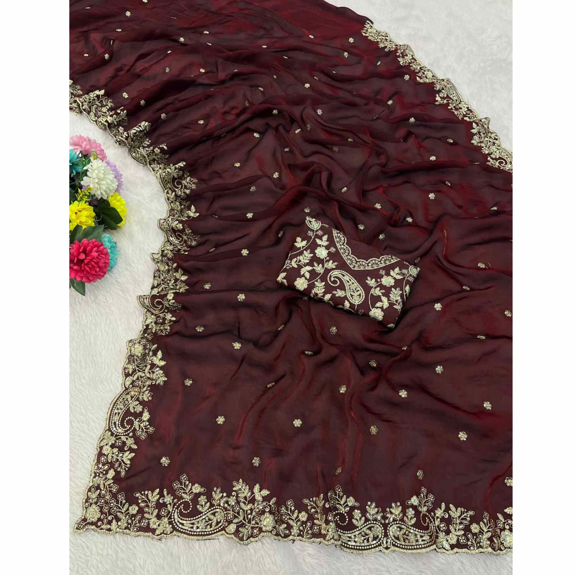 Burgundy Partywear Organza Satin Silk Crush Saree with Delicate Floral Embroidery