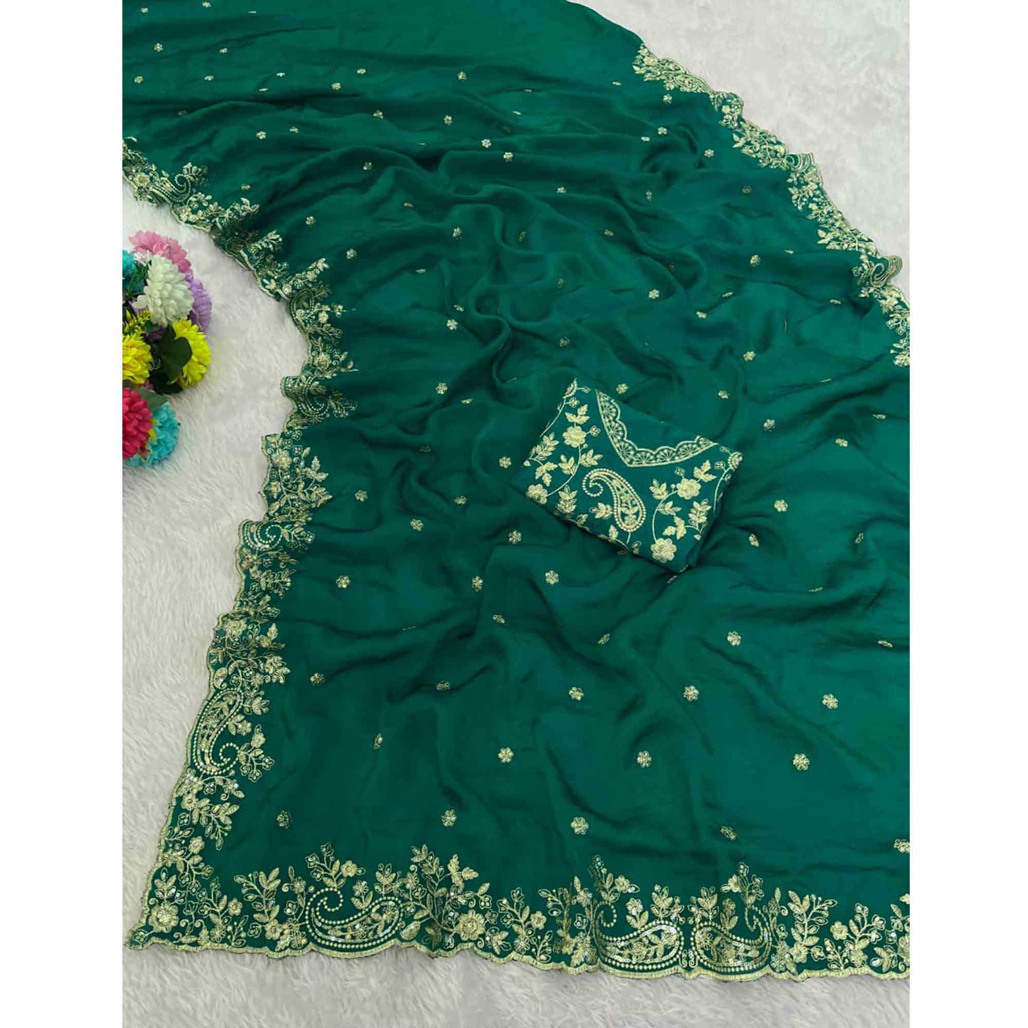 Green Partywear Organza Satin Silk Crush Saree with Delicate Floral Embroidery