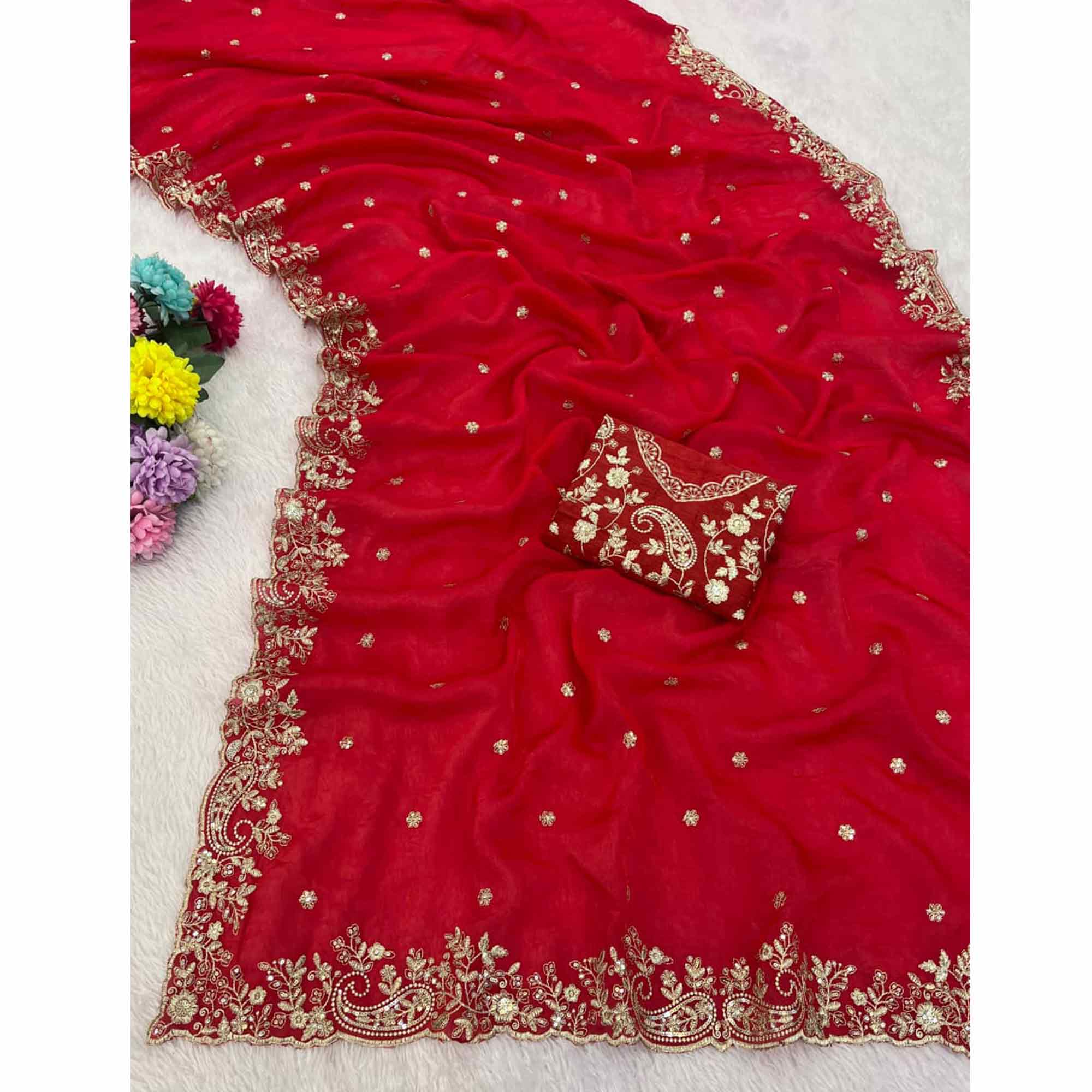 Red Partywear Organza Satin Silk Crush Saree with Delicate Floral Embroidery