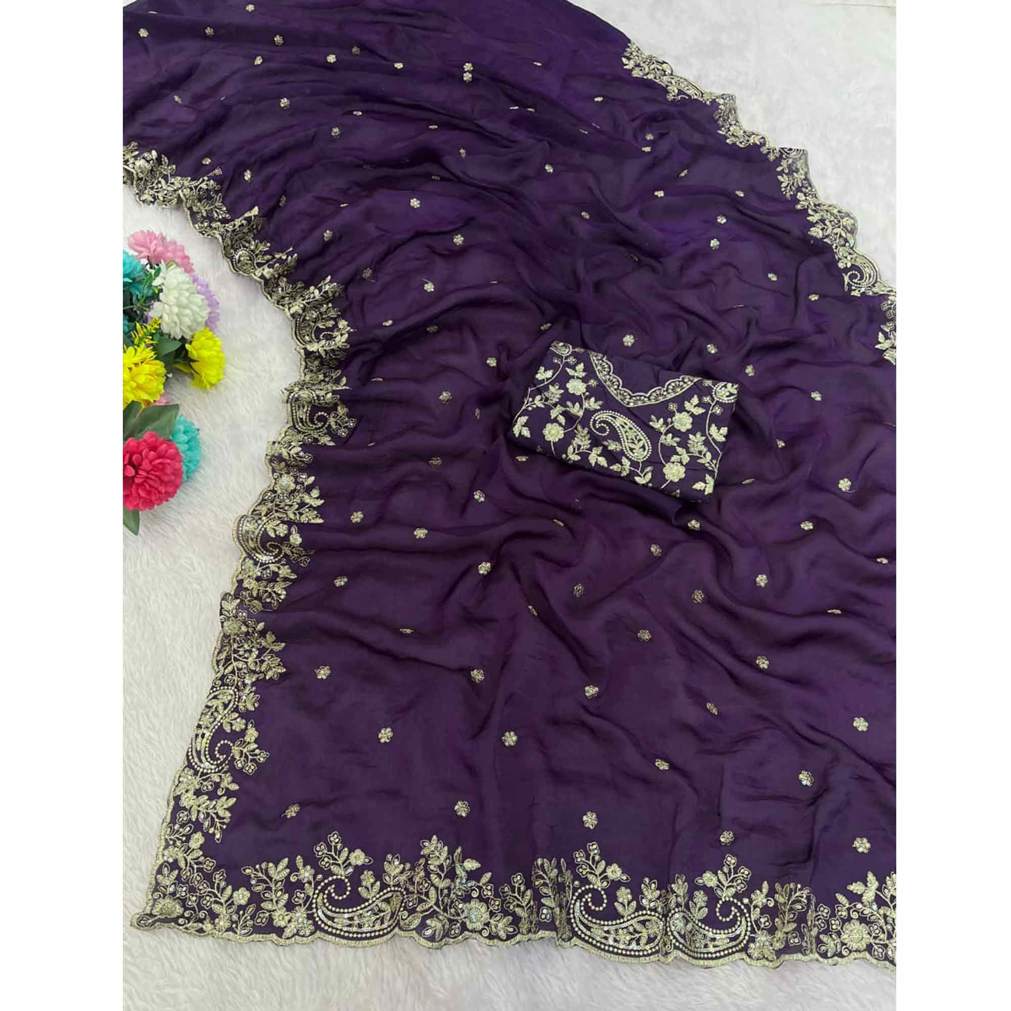 Violet Partywear Organza Satin Silk Crush Saree with Delicate Floral Embroidery