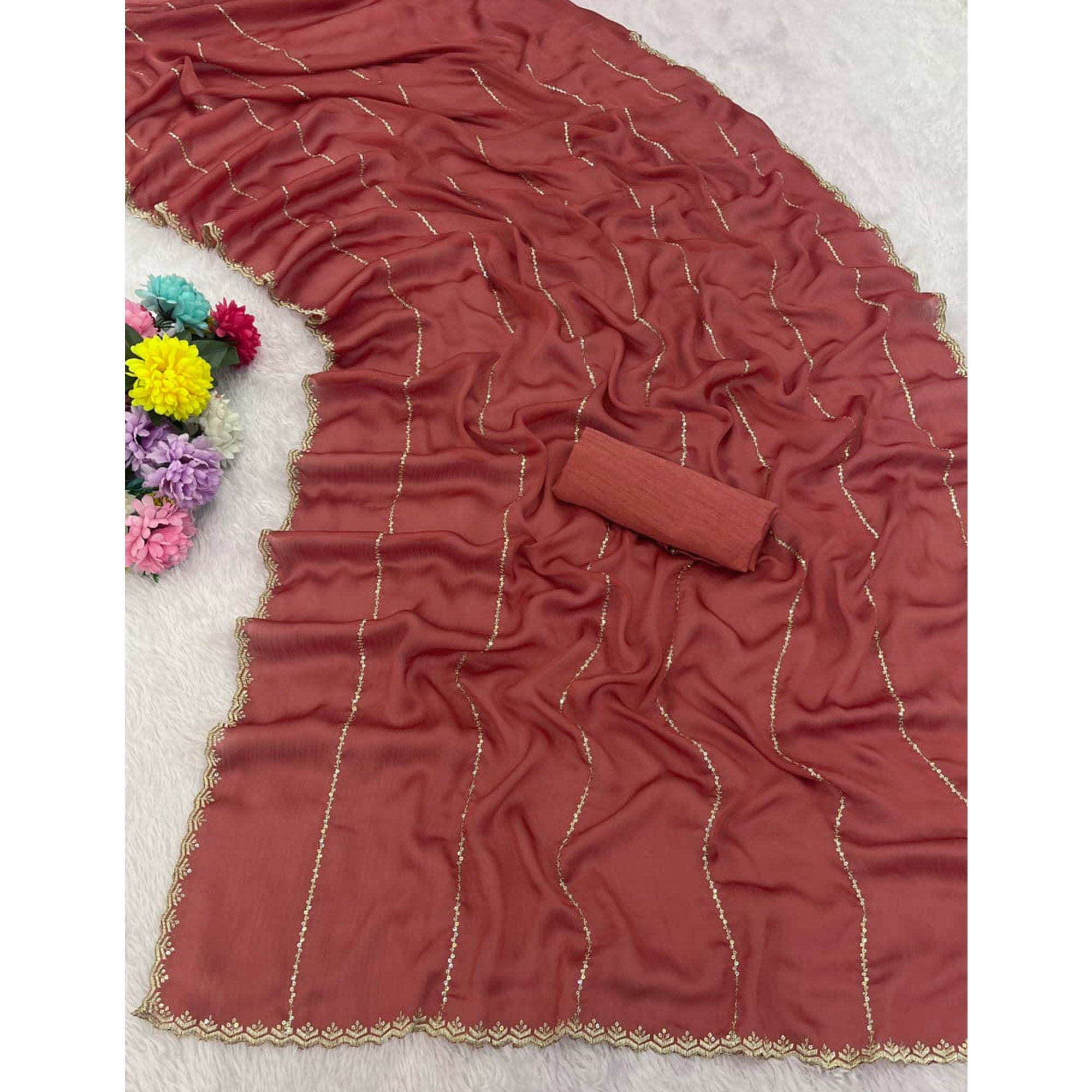 Brick Red Soft Satin Chiffon Saree Adorned with Intricate Sequins Detailing