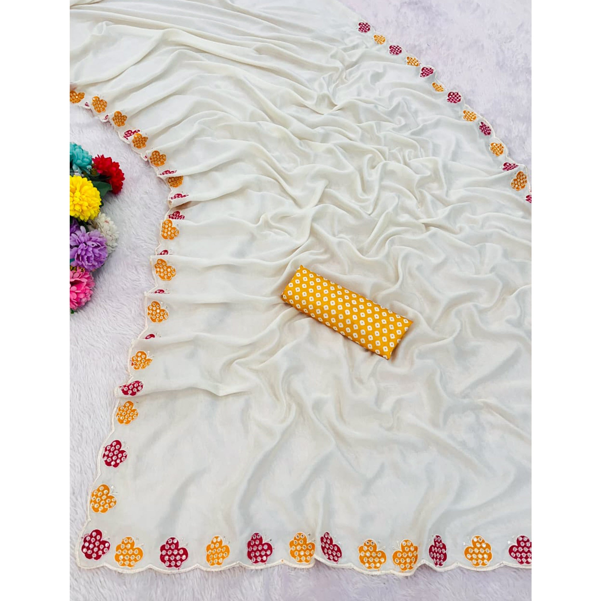 Off White Premium Vichitra Silk Saree Adorned with Intricate Embroidery Work